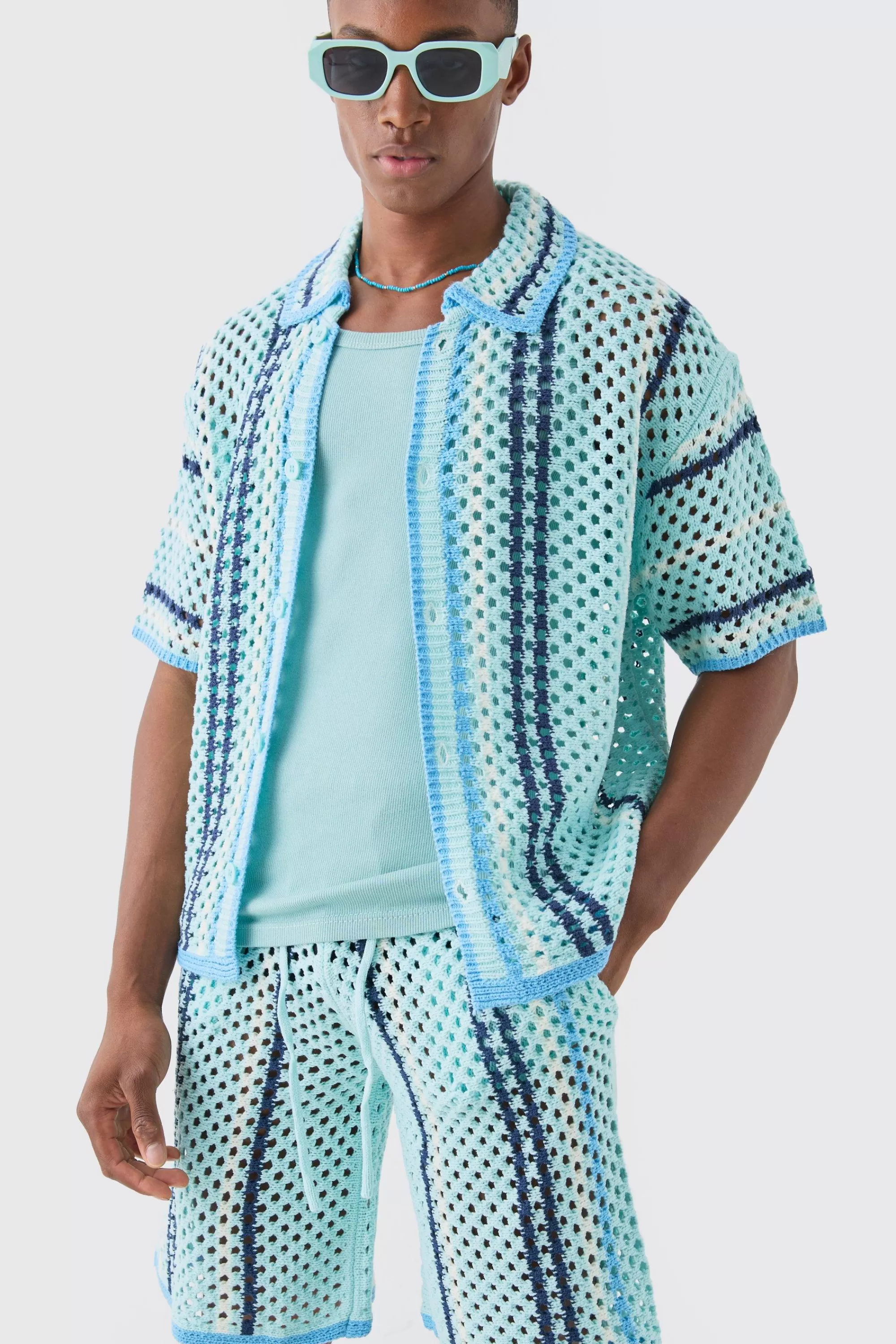 boohooMAN Boxy Oversized Open Stitch Stripe Knit Shirt | UK