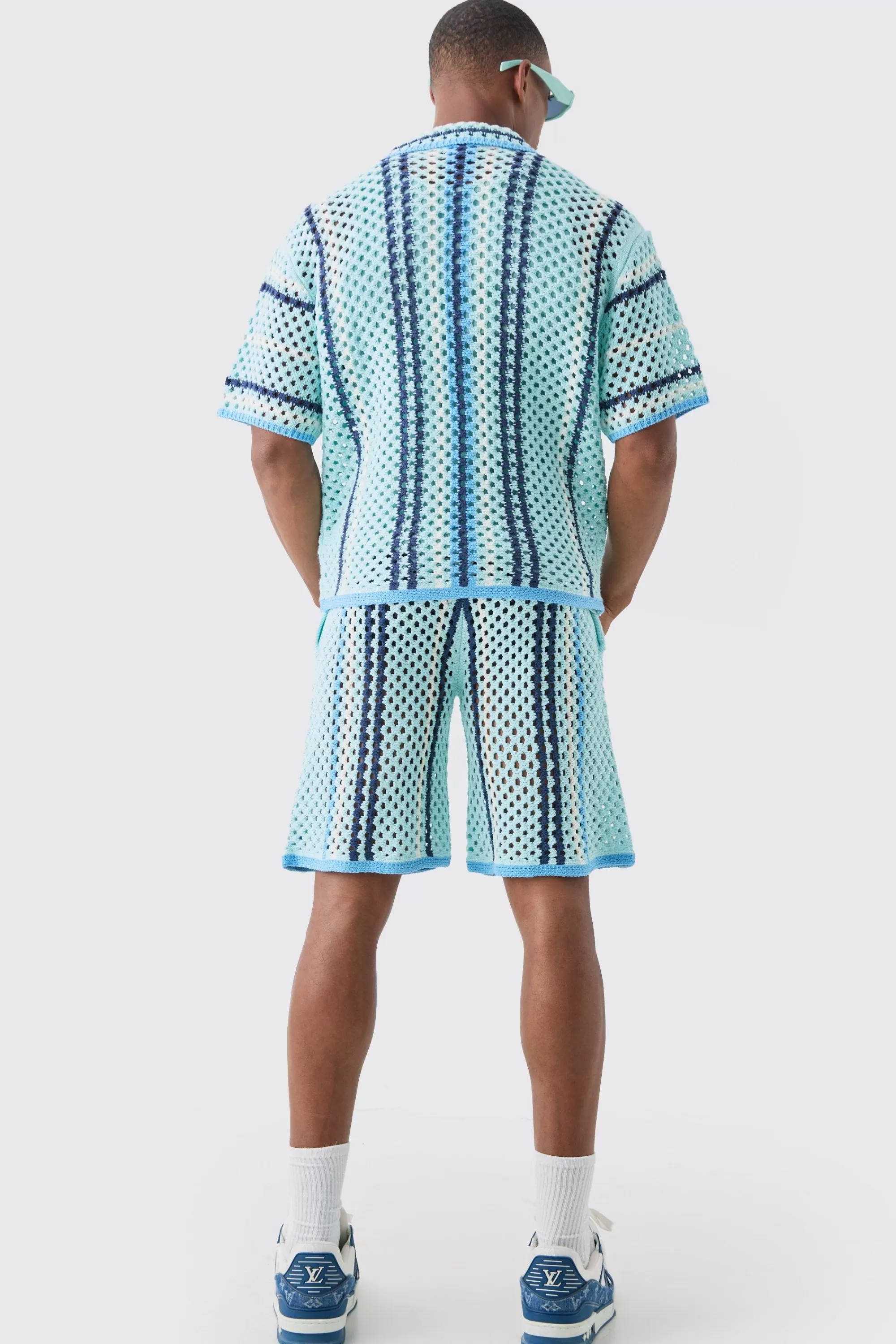 boohooMAN Boxy Oversized Open Stitch Stripe Knit Shirt | UK