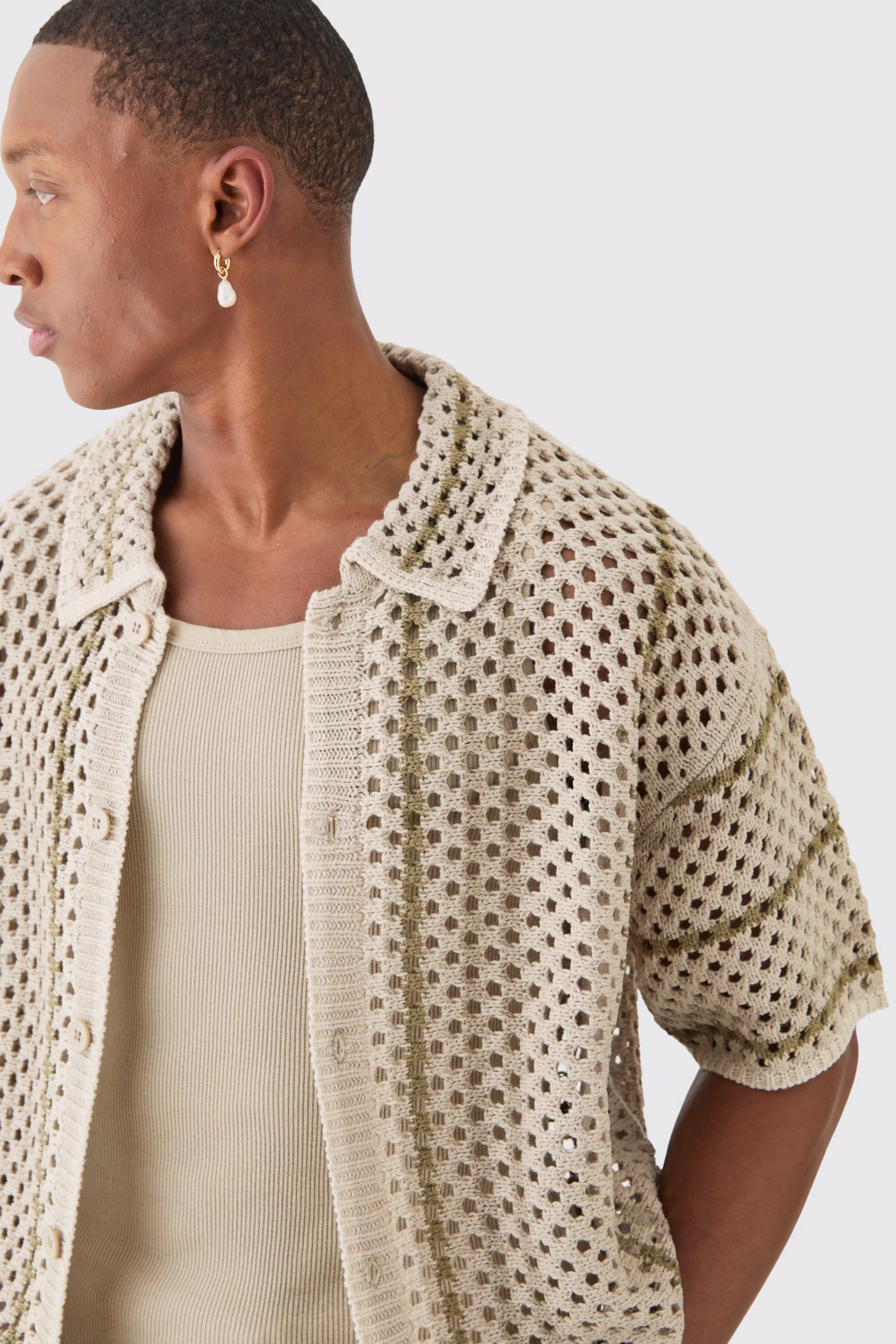 boohooMAN Boxy Oversized Open Stitch Stripe Knit Shirt | UK