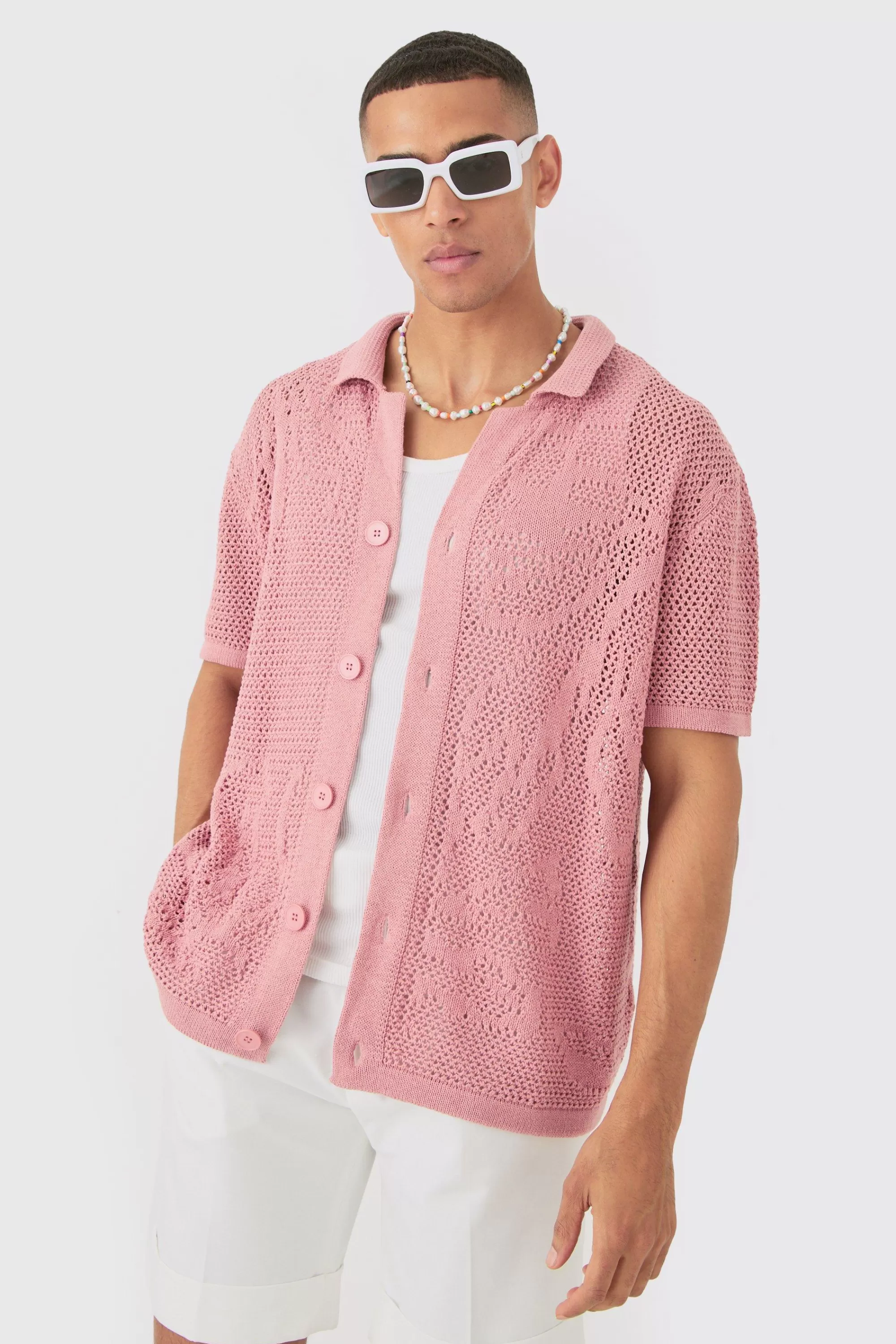 boohooMAN Boxy Oversized Open Stitch Tonal Floral Intarsia Short Sleeve Knit Shirt | UK