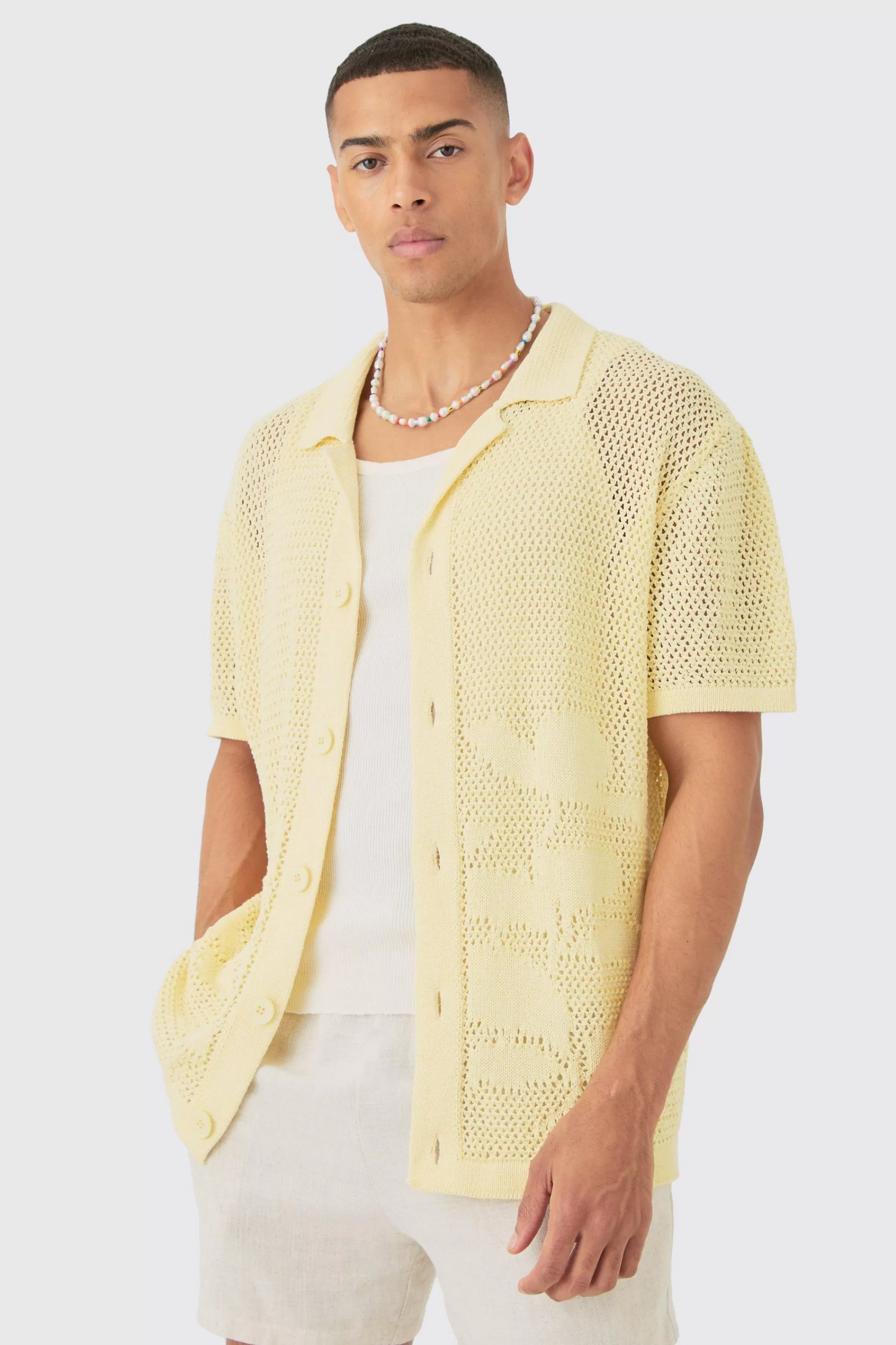 boohooMAN Boxy Oversized Open Stitch Tonal Floral Intarsia Short Sleeve Knit Shirt | UK