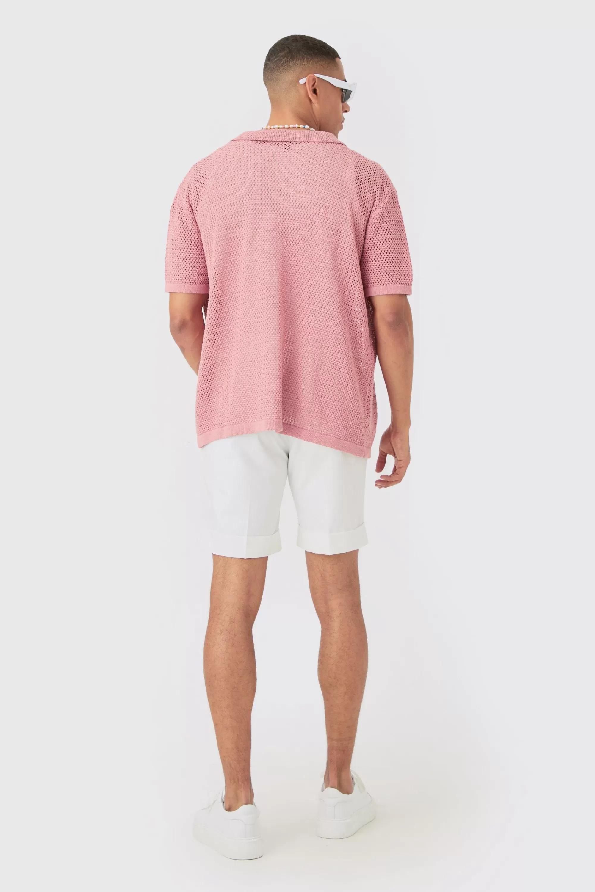 boohooMAN Boxy Oversized Open Stitch Tonal Floral Intarsia Short Sleeve Knit Shirt | UK