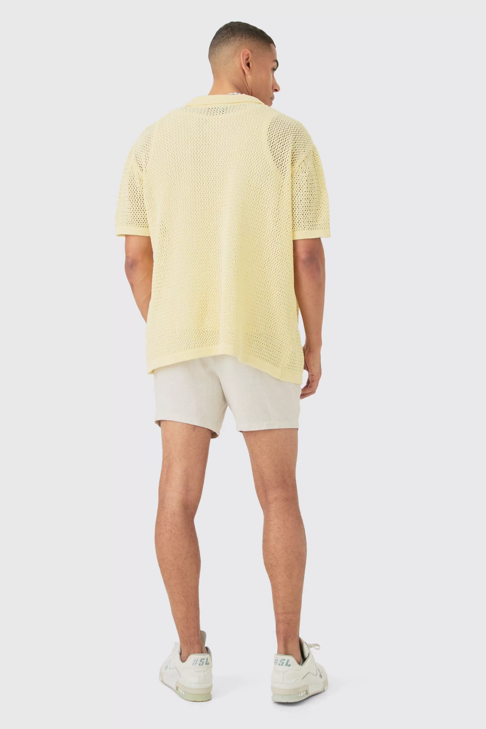 boohooMAN Boxy Oversized Open Stitch Tonal Floral Intarsia Short Sleeve Knit Shirt | UK