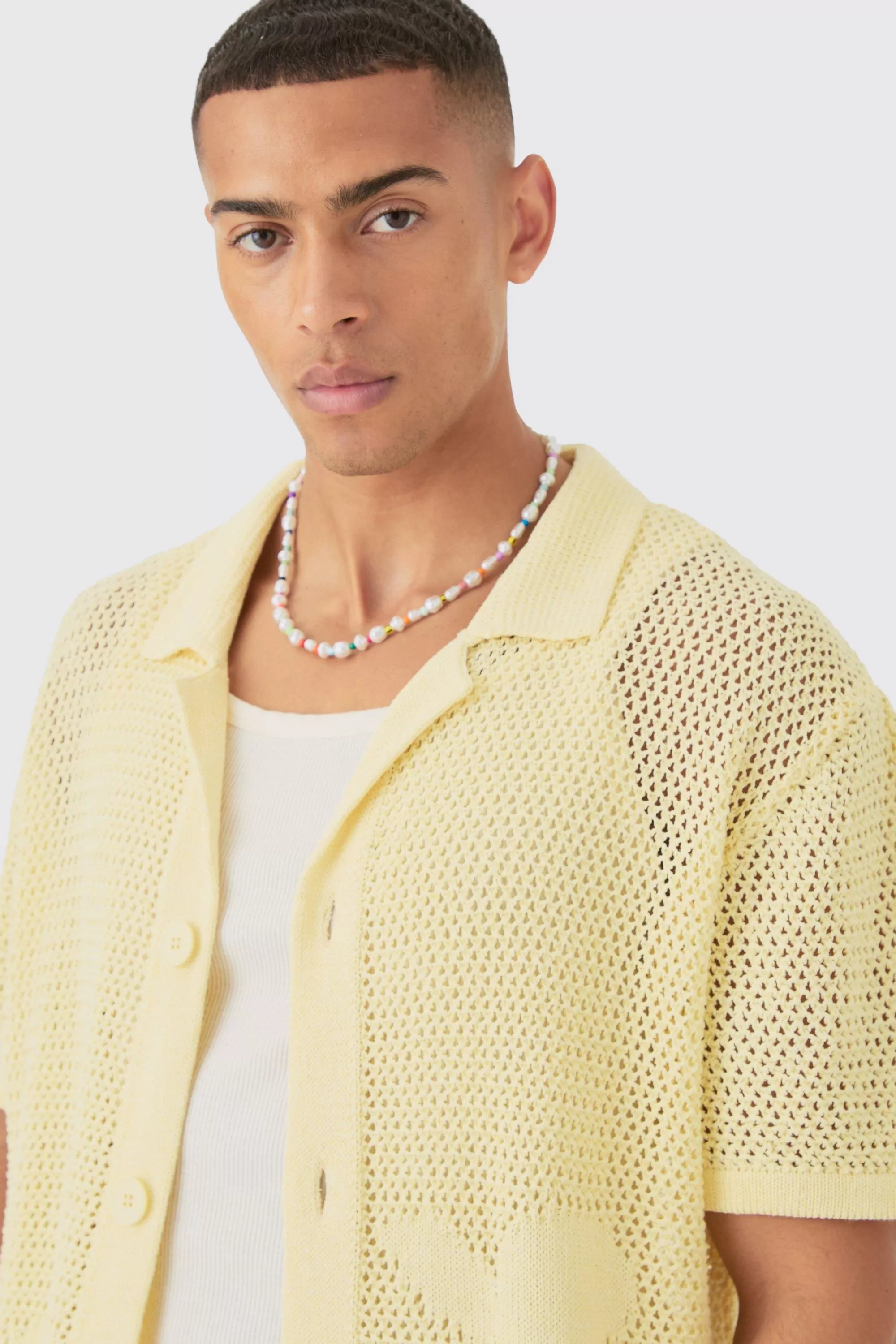 boohooMAN Boxy Oversized Open Stitch Tonal Floral Intarsia Short Sleeve Knit Shirt | UK