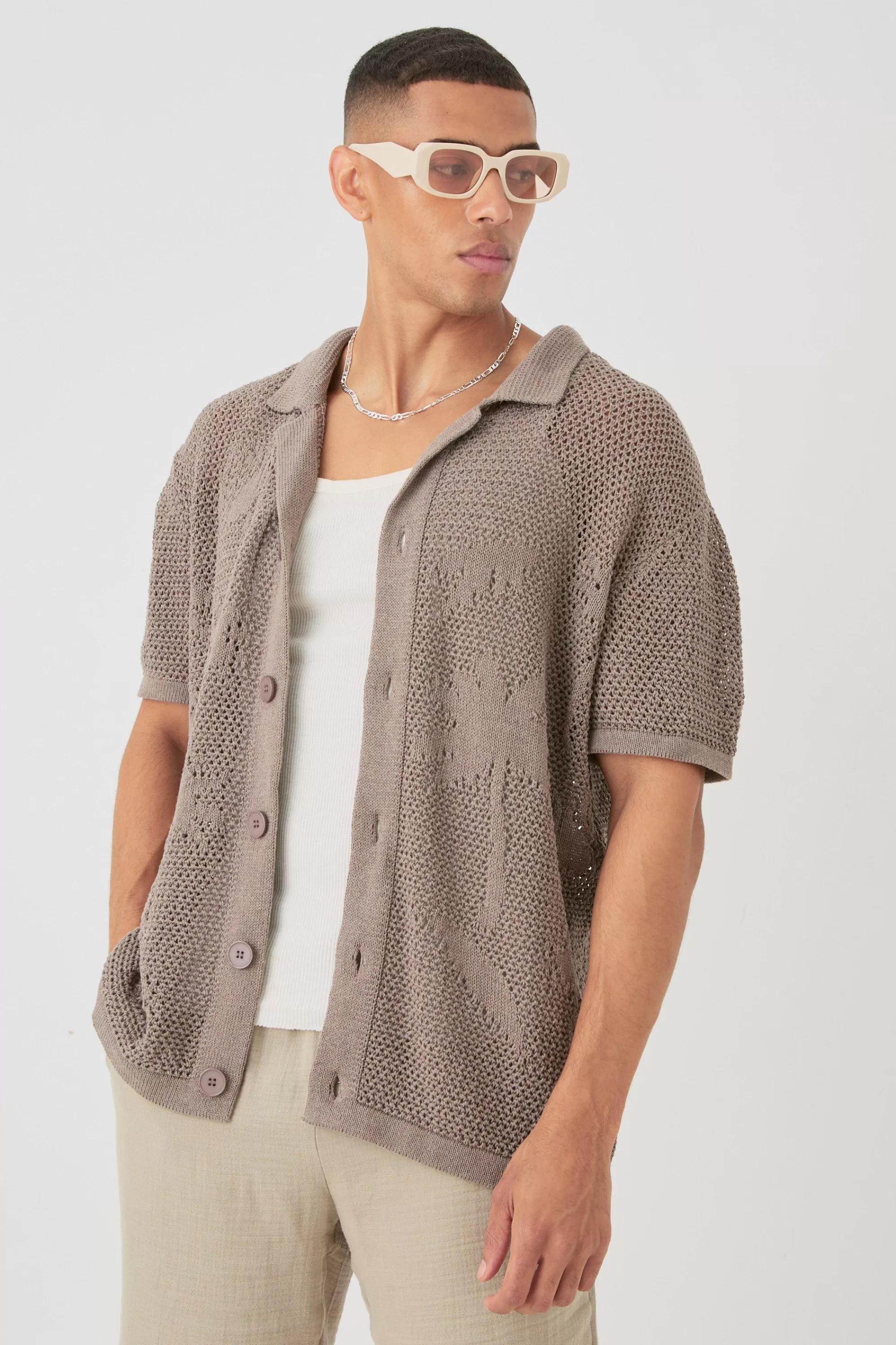 boohooMAN Boxy Oversized Open Stitch Tonal Palm Intarsia Short Sleeve Knit Shirt | UK