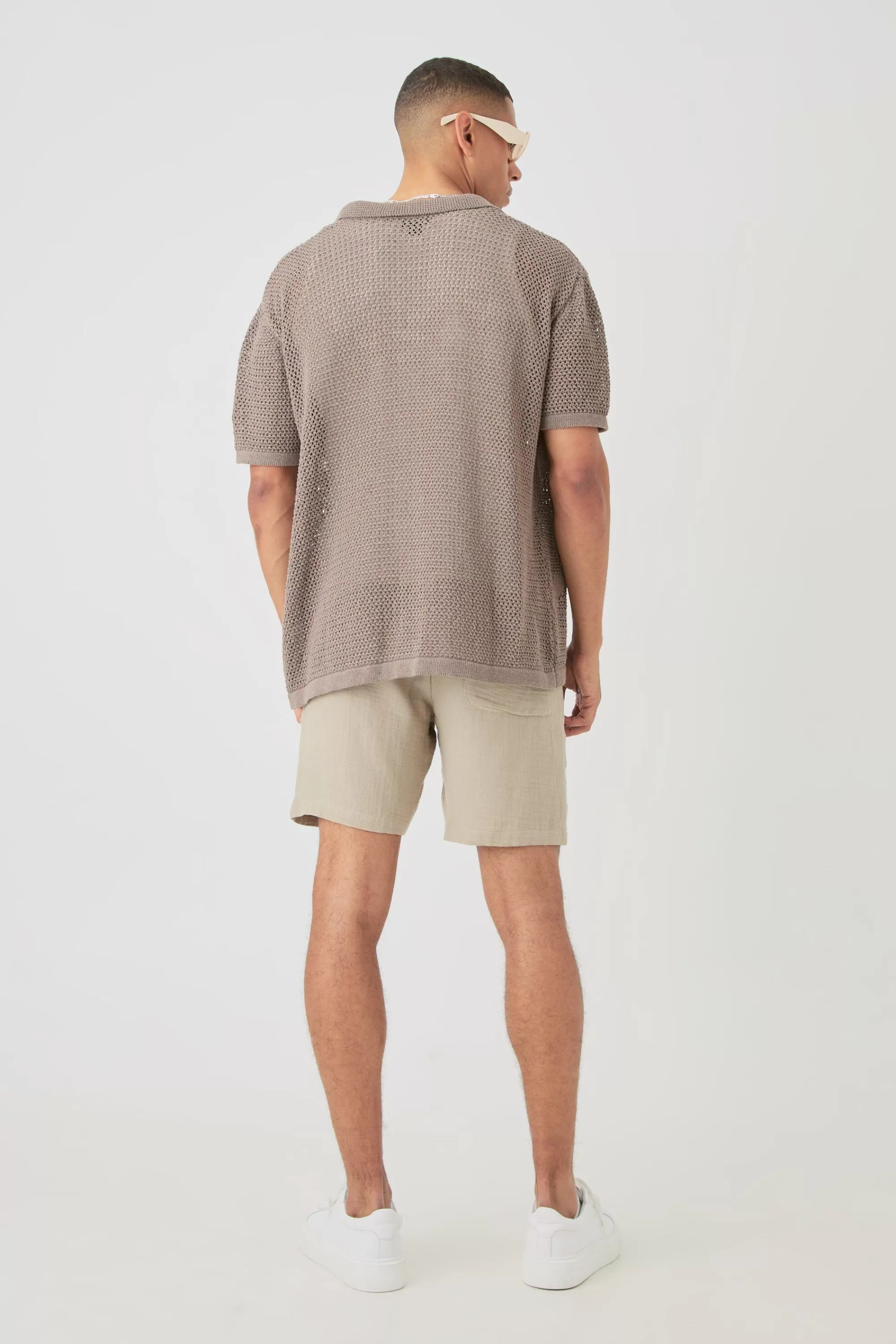 boohooMAN Boxy Oversized Open Stitch Tonal Palm Intarsia Short Sleeve Knit Shirt | UK