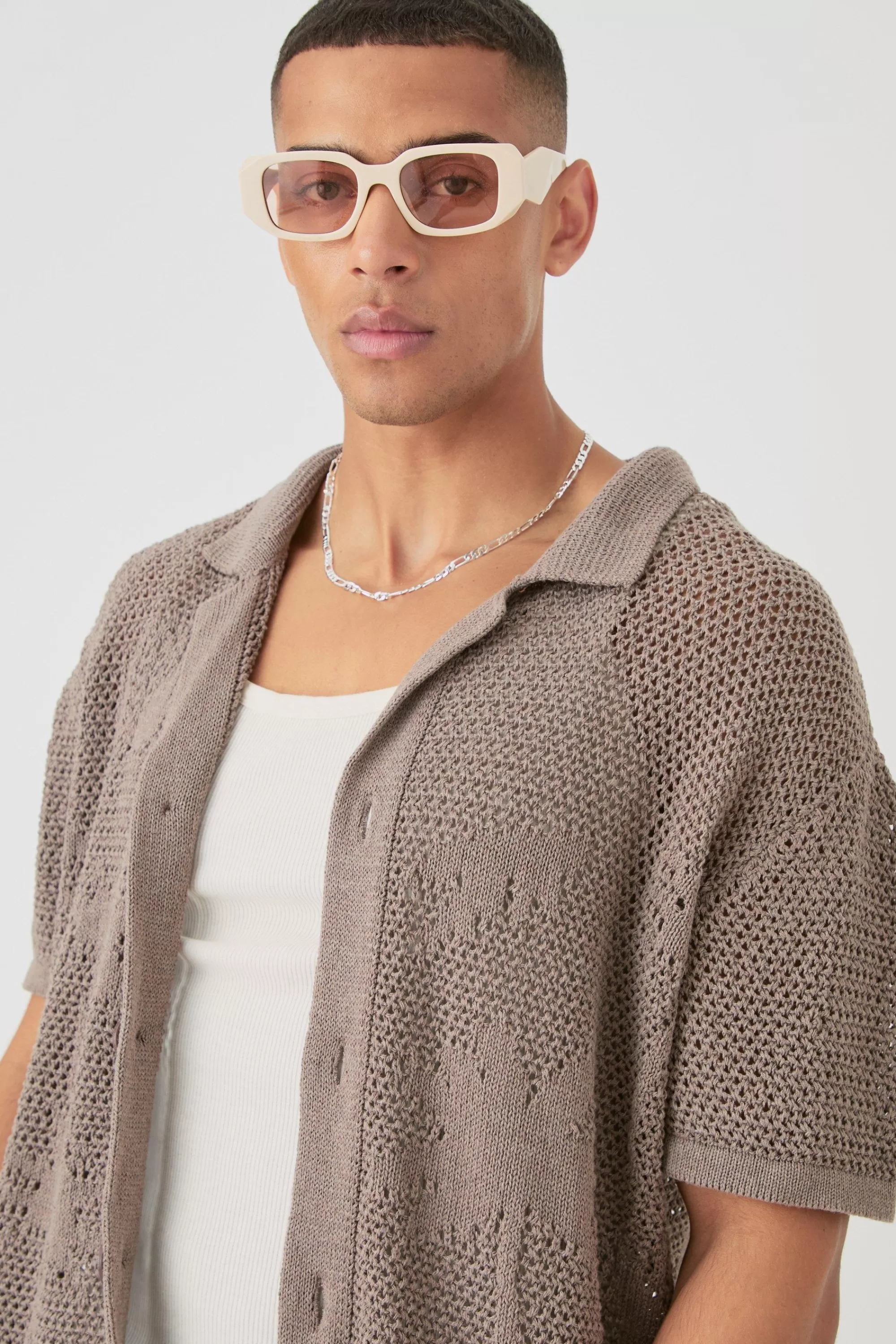 boohooMAN Boxy Oversized Open Stitch Tonal Palm Intarsia Short Sleeve Knit Shirt | UK