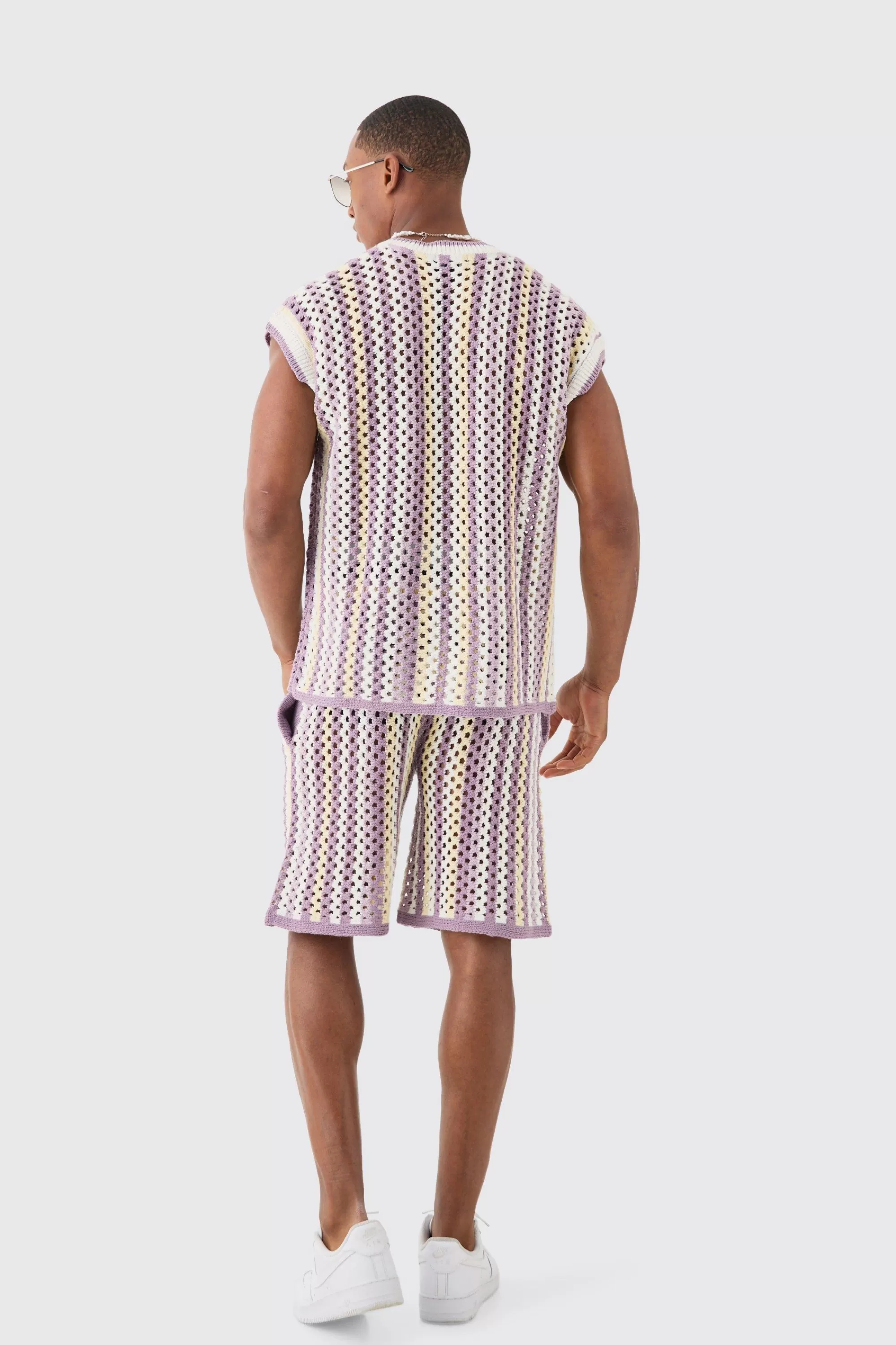 boohooMAN Boxy Oversized Open Stitch V Neck Strip Sweater Vest | UK