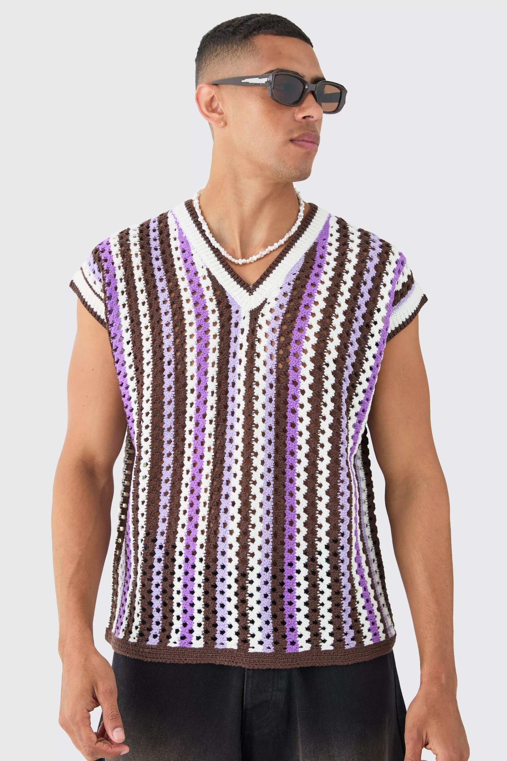boohooMAN Boxy Oversized Open Stitch V Neck Stripe Sweater Vest | UK