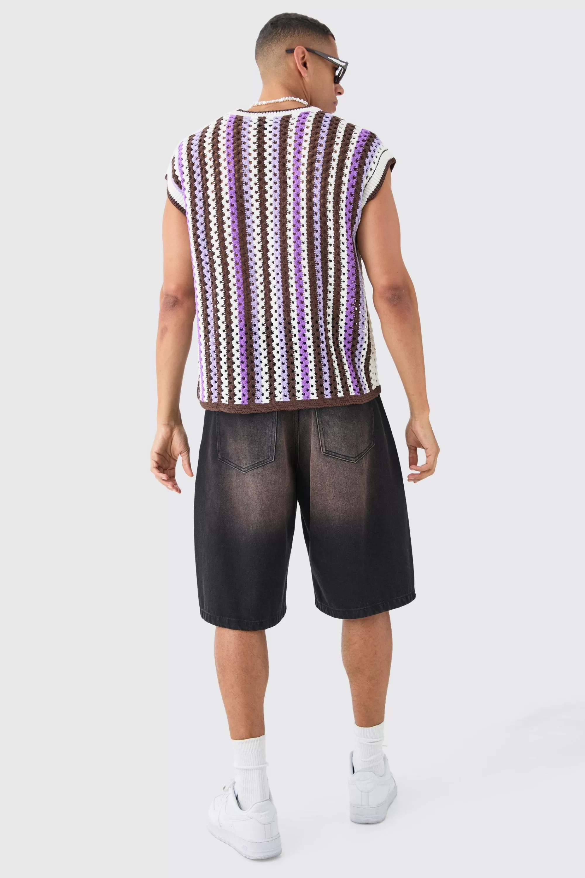 boohooMAN Boxy Oversized Open Stitch V Neck Stripe Sweater Vest | UK