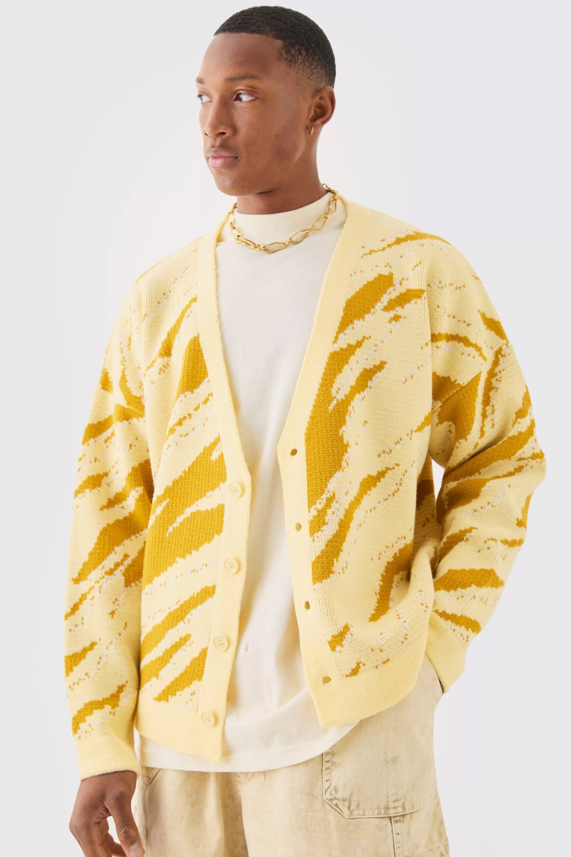 boohooMAN Boxy Oversized Tonal Abstract Cardigan | UK