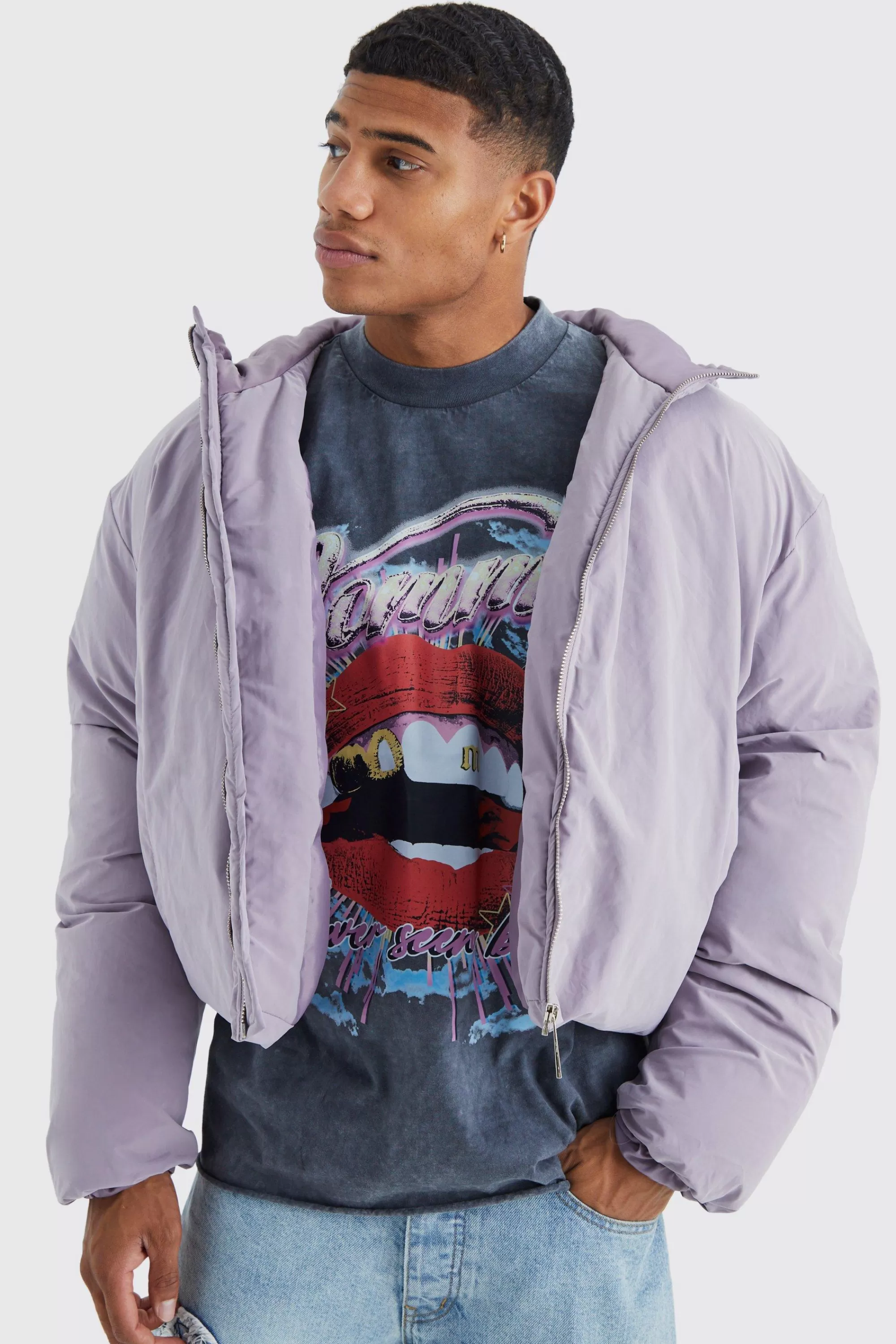 boohooMAN Boxy Peached Nylon Hooded Puffer | UK