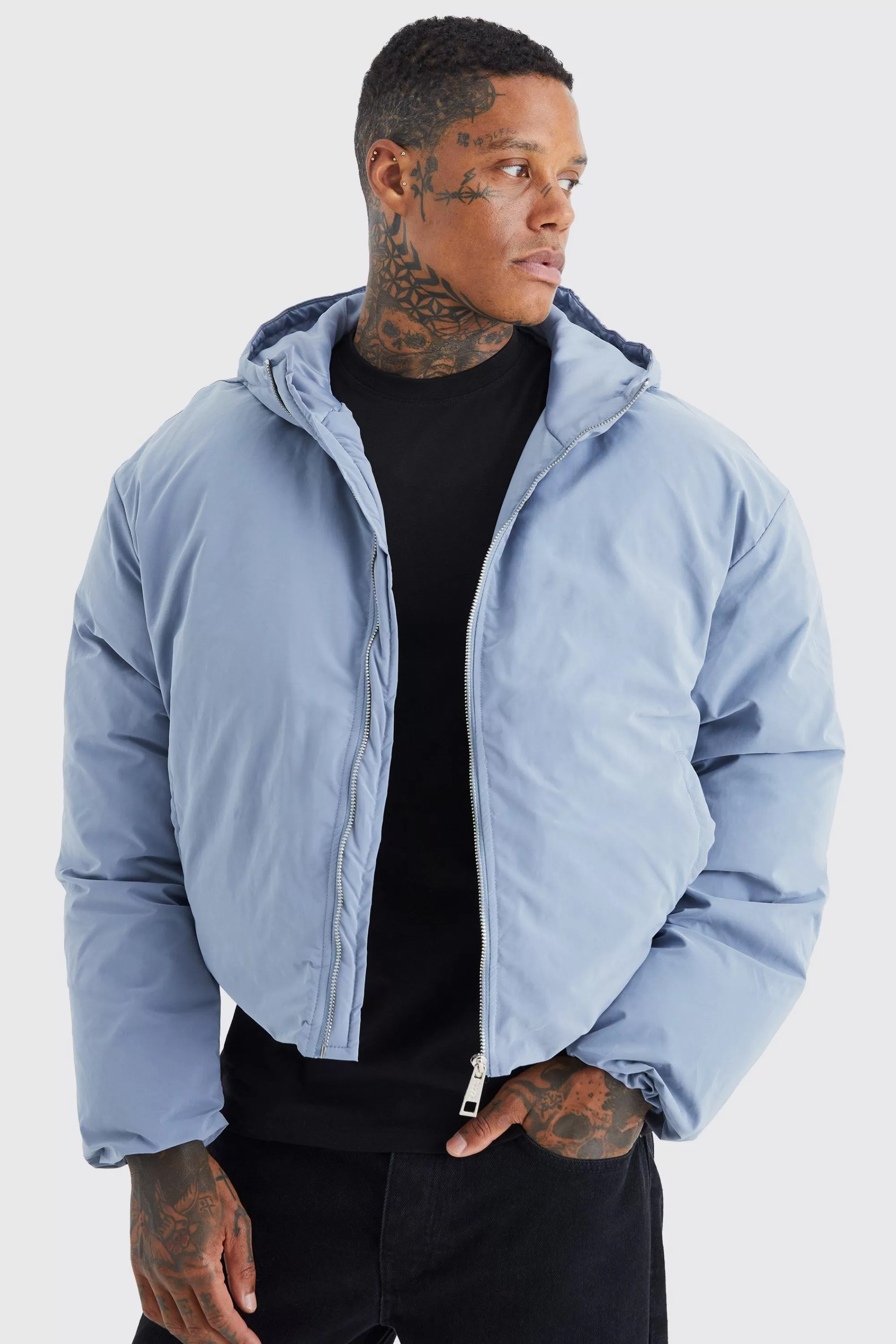 boohooMAN Boxy Peached Nylon Hooded Puffer | UK