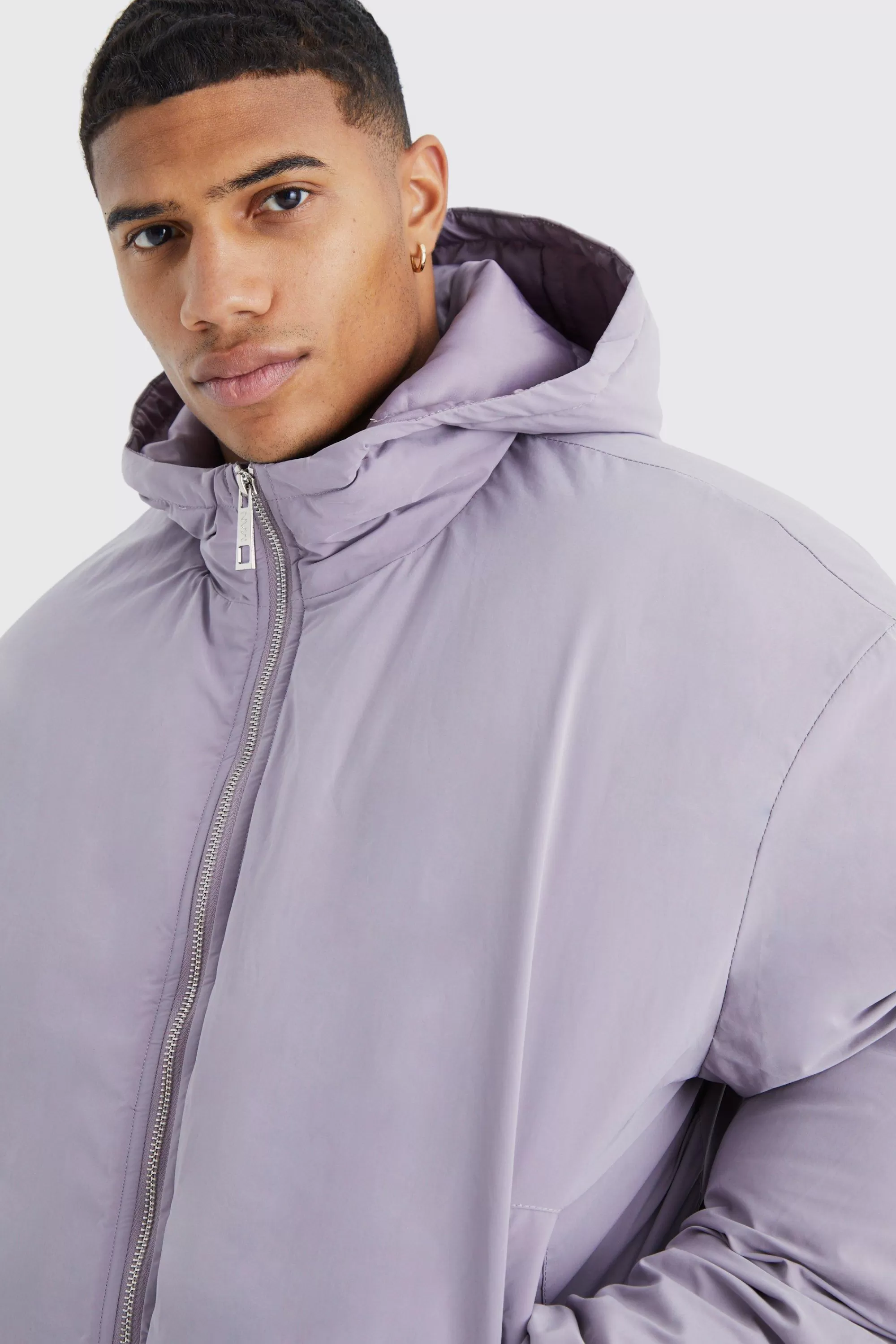 boohooMAN Boxy Peached Nylon Hooded Puffer | UK