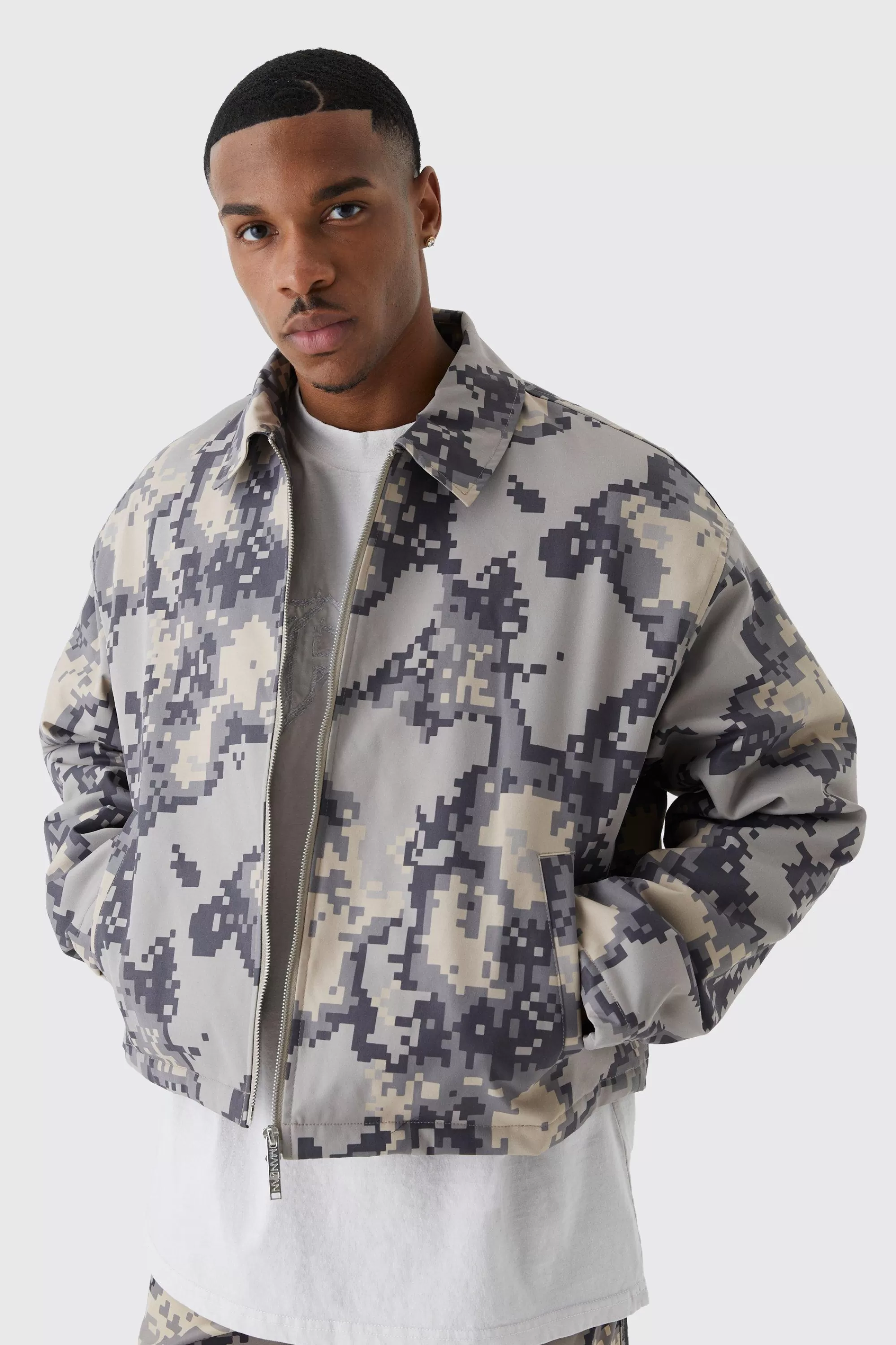 boohooMAN Boxy Pixelated Camo Harrington | UK