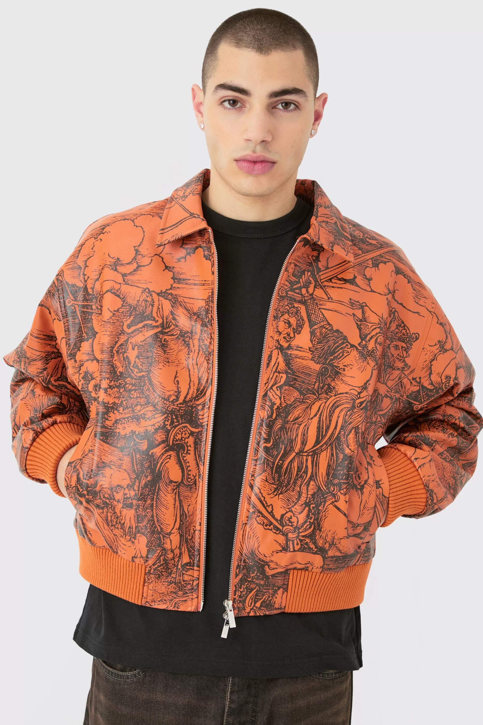 boohooMAN Boxy Printed Pu Collared Bomber | UK