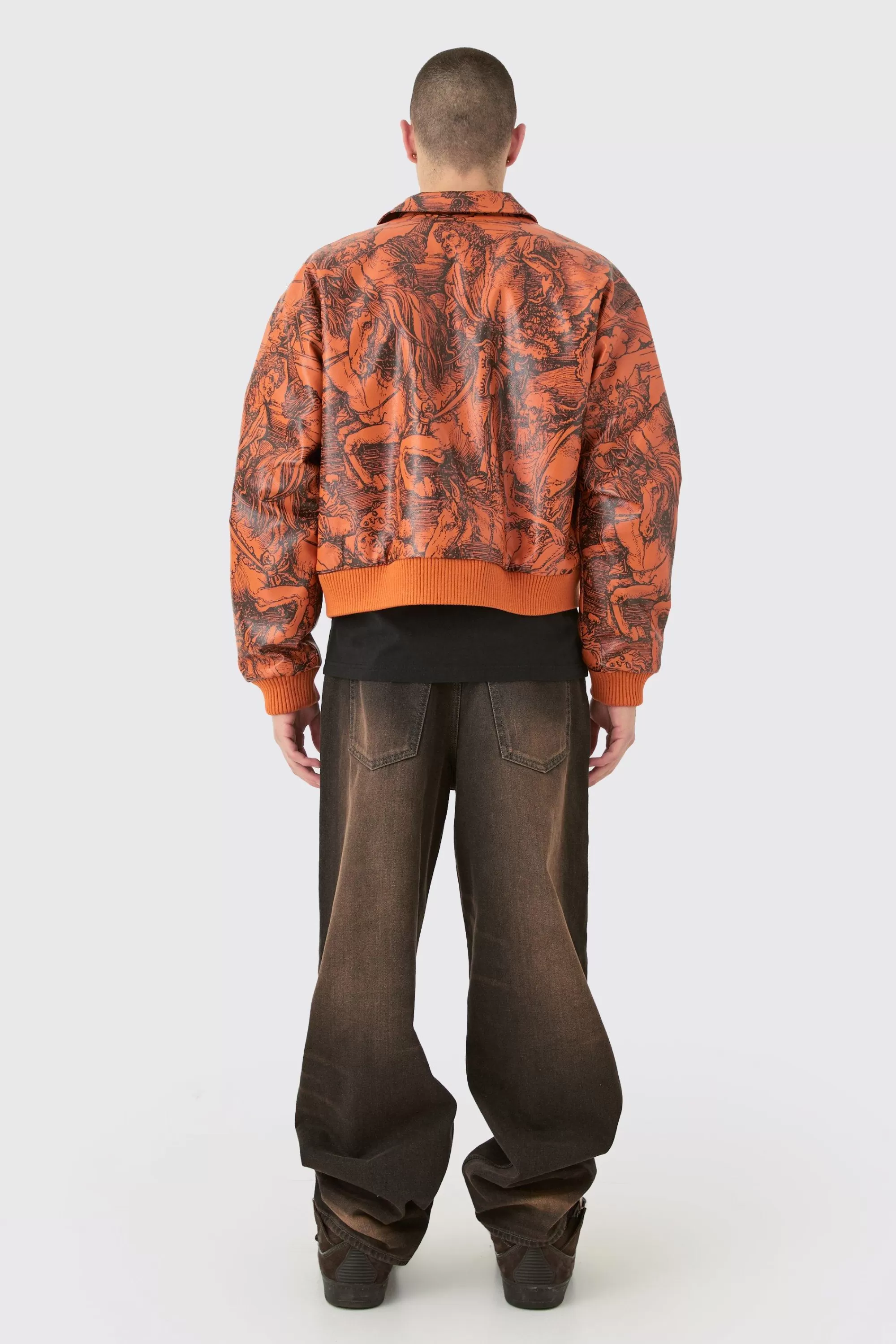 boohooMAN Boxy Printed Pu Collared Bomber | UK