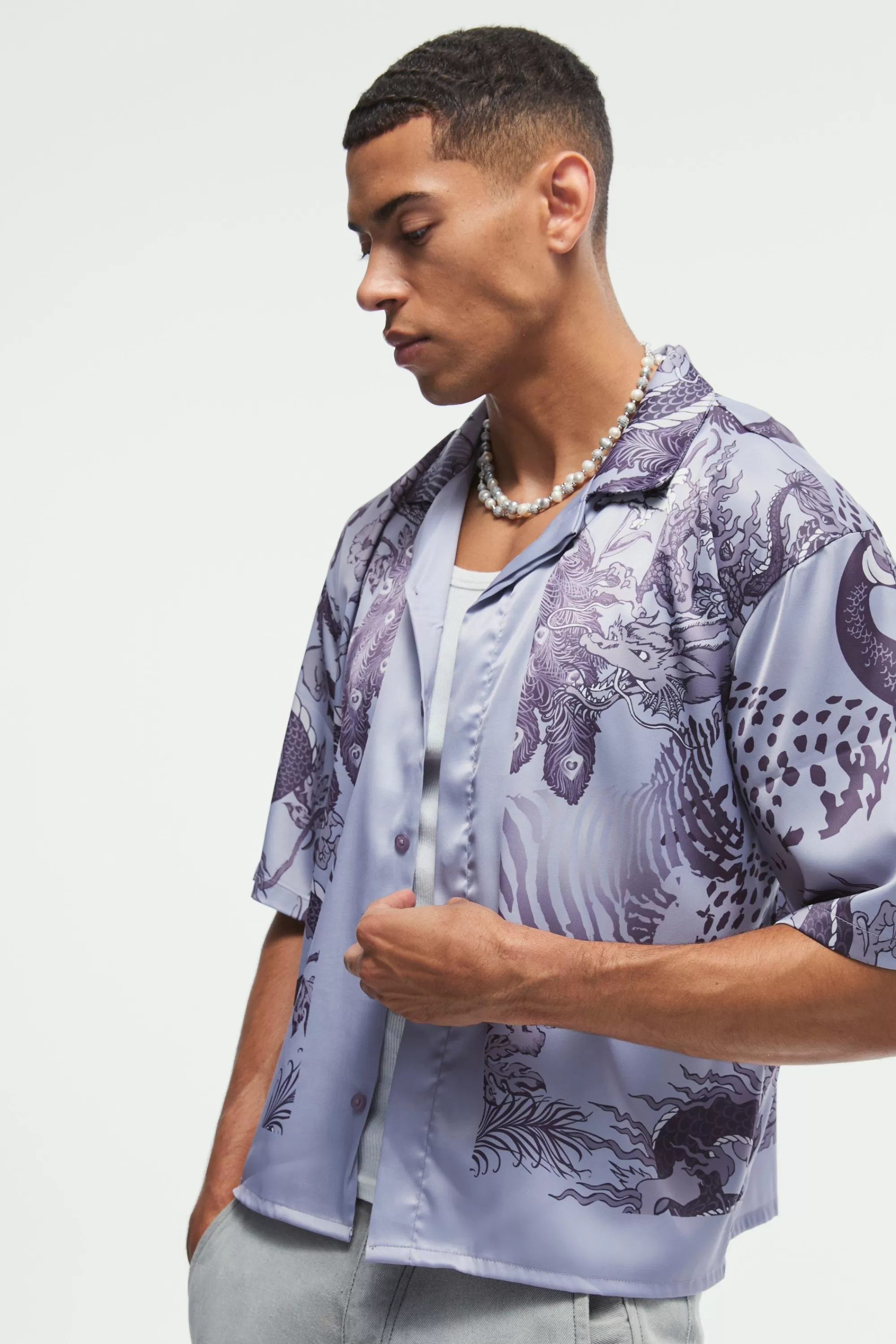 boohooMAN Boxy Printed Satin Revere Shirt | UK