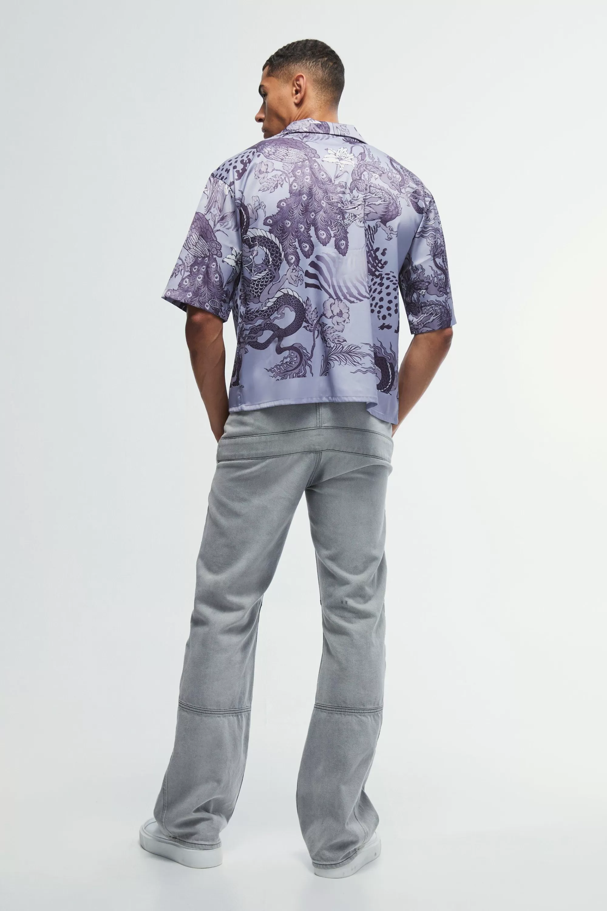 boohooMAN Boxy Printed Satin Revere Shirt | UK