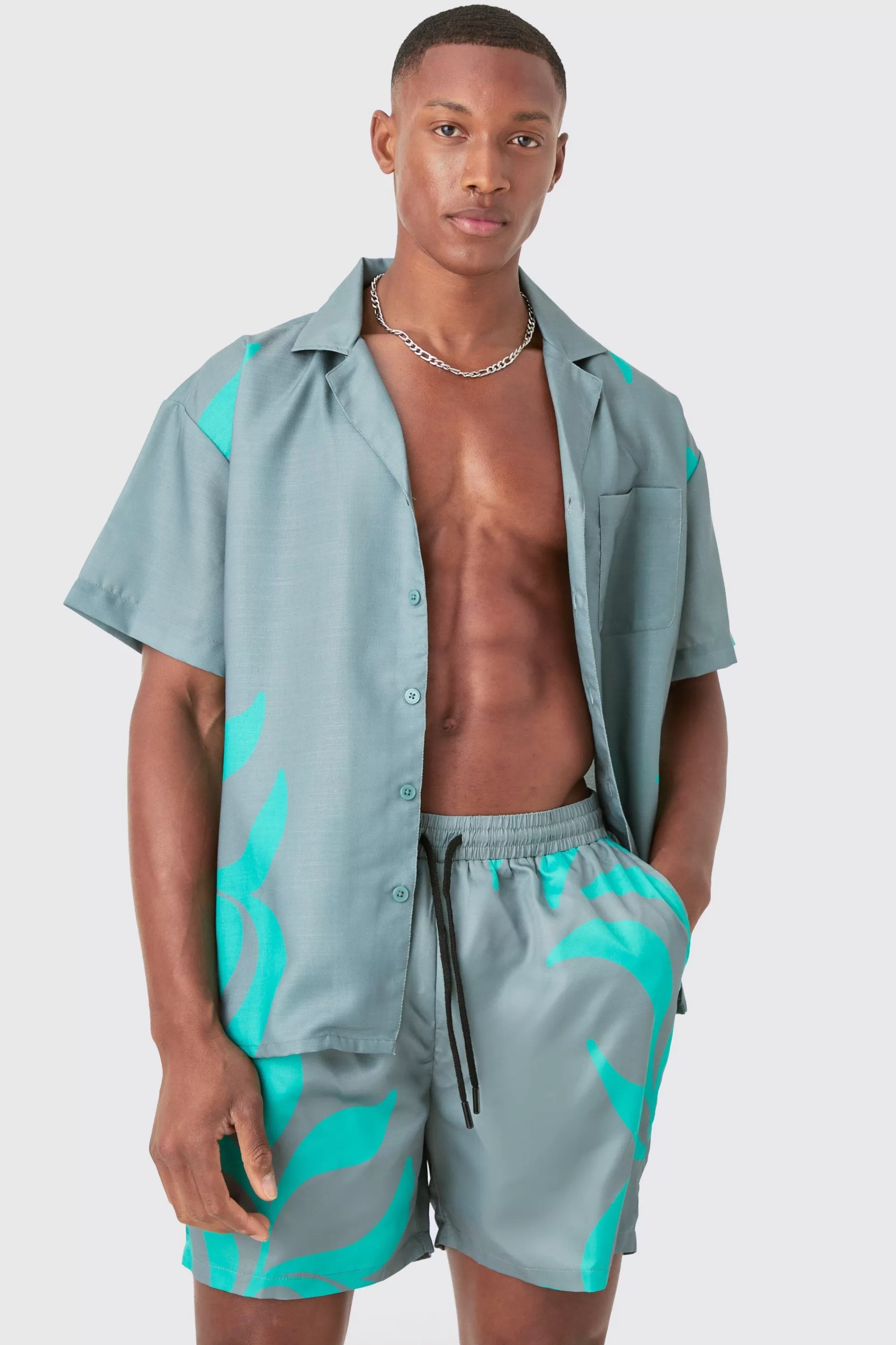 boohooMAN Boxy Printed Shirt And Swim Short Set | UK