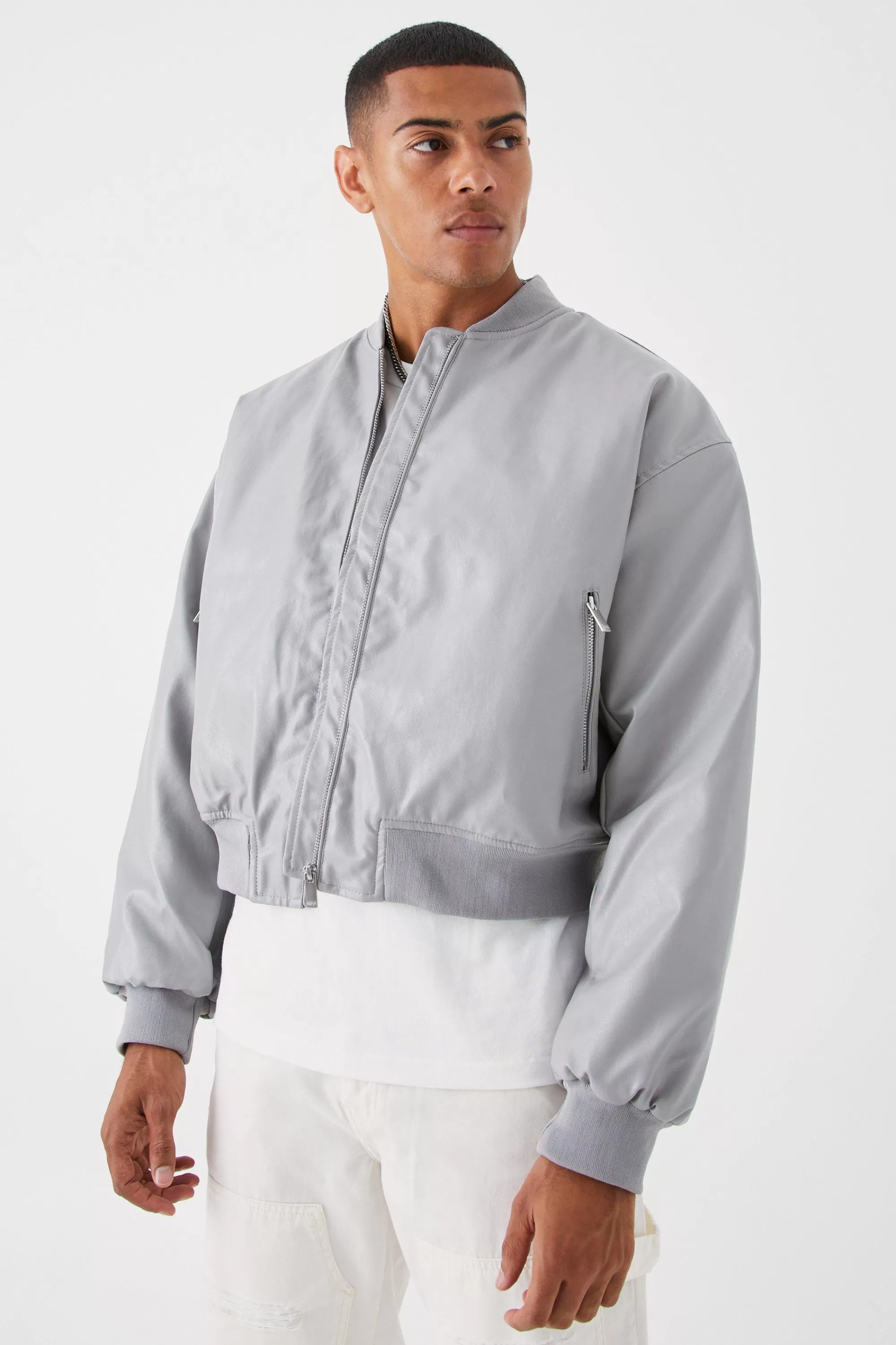 boohooMAN Boxy Pu Bomber With Zips | UK