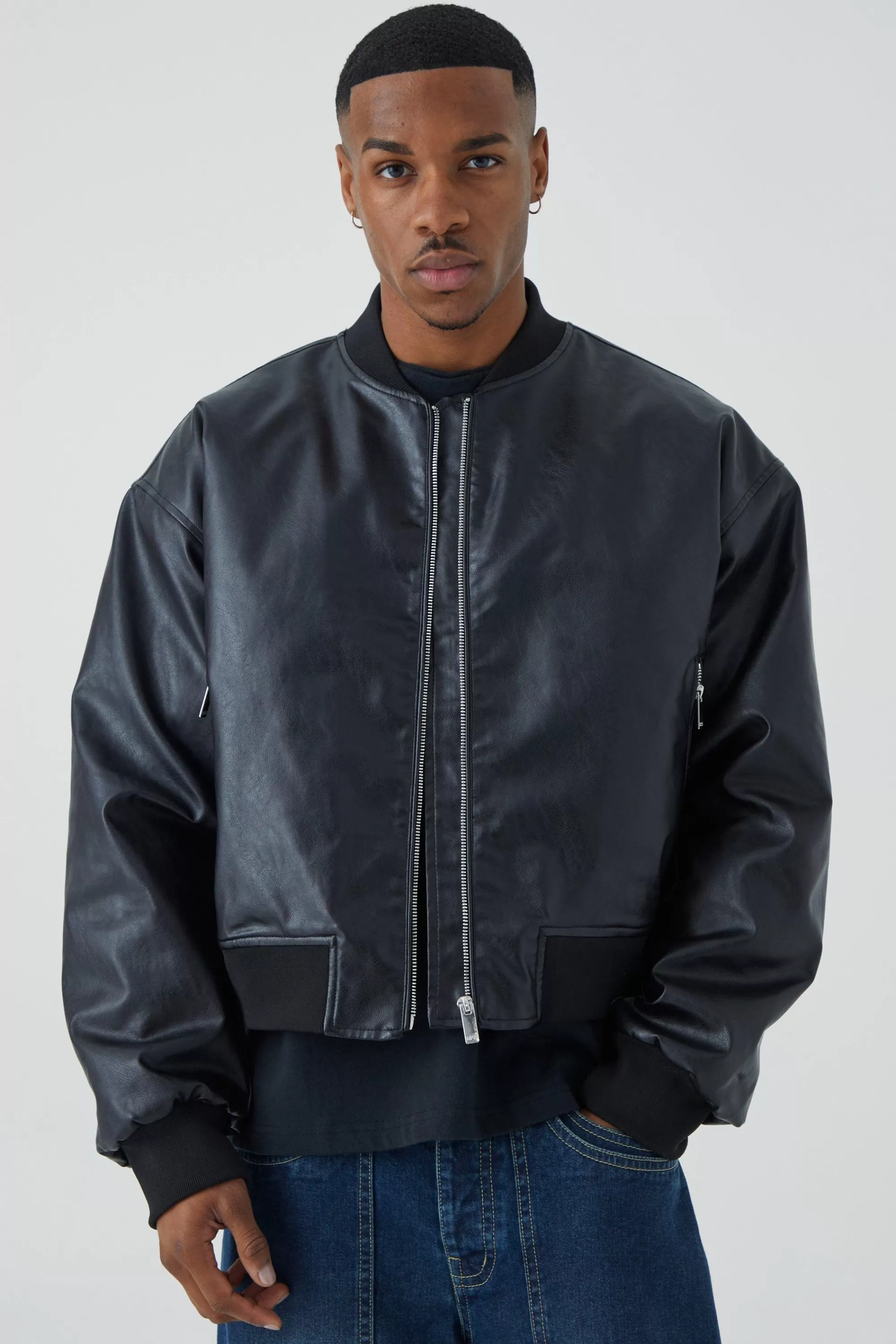 boohooMAN Boxy Pu Bomber With Zips | UK