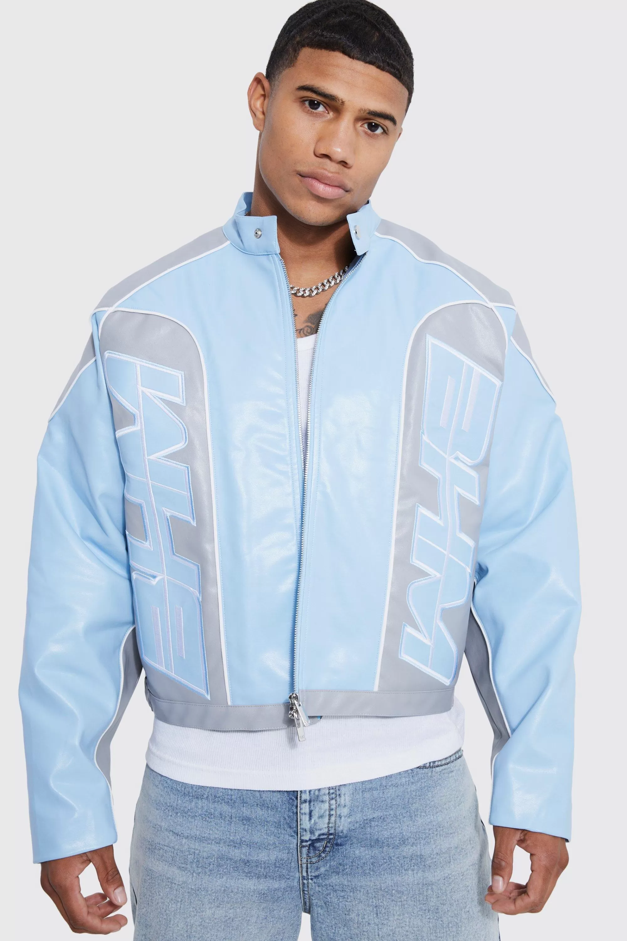 boohooMAN Boxy Pu Contrast Piping Moto Jacket | UK