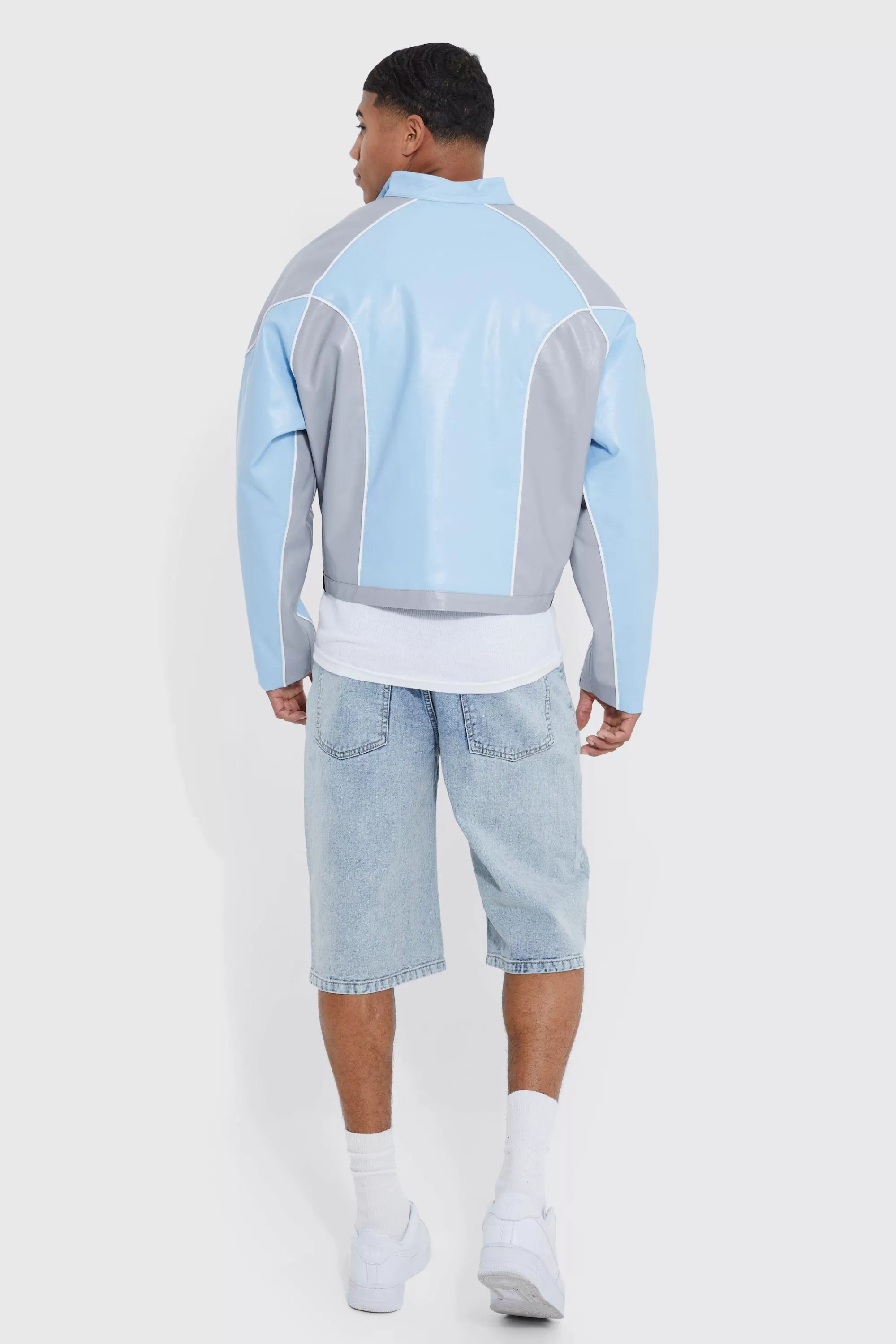 boohooMAN Boxy Pu Contrast Piping Moto Jacket | UK