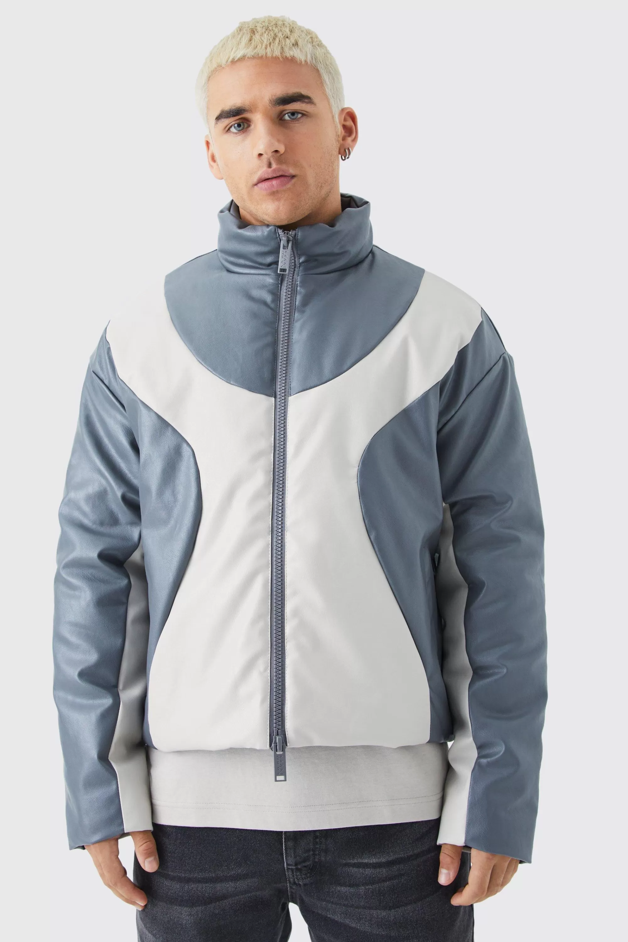 boohooMAN Boxy Pu Funnel Neck Panelled Bomber | UK