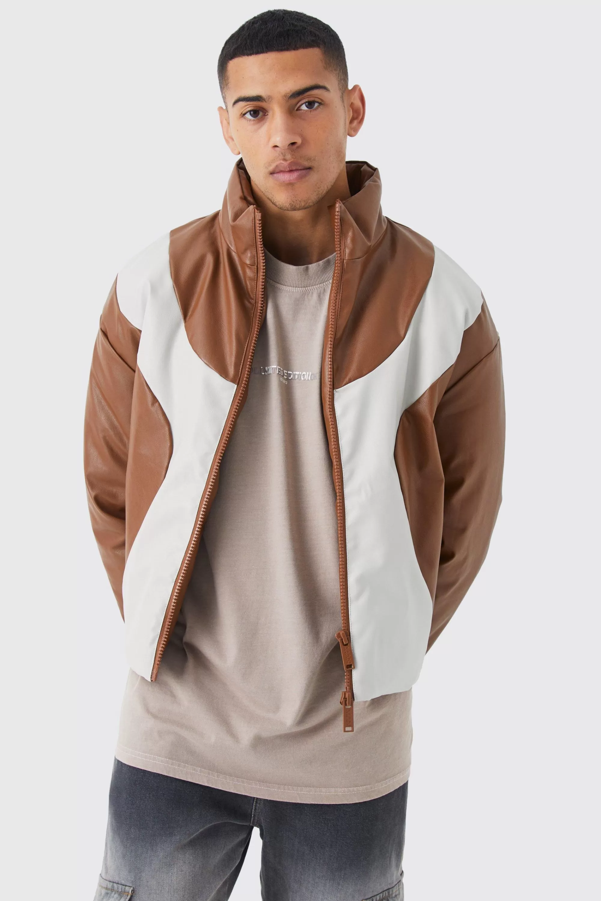 boohooMAN Boxy Pu Funnel Neck Panelled Bomber | UK