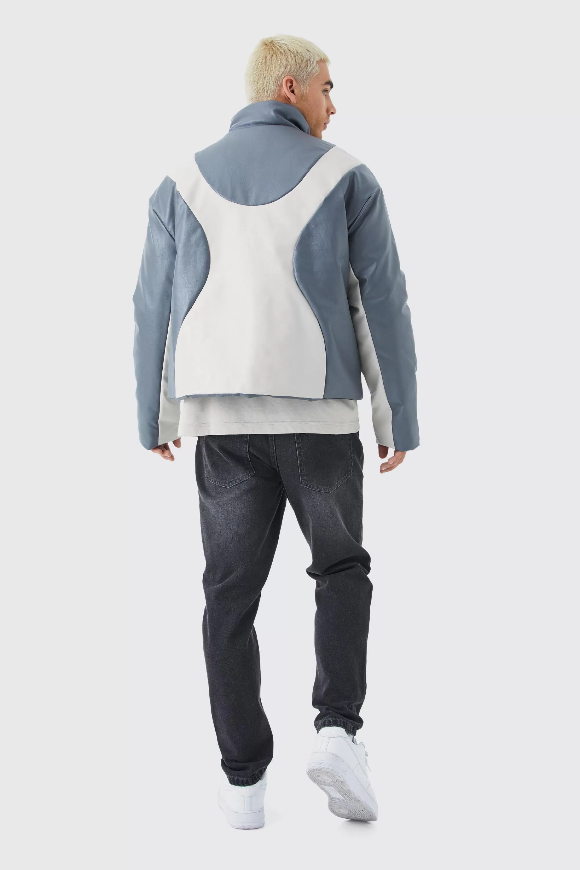 boohooMAN Boxy Pu Funnel Neck Panelled Bomber | UK
