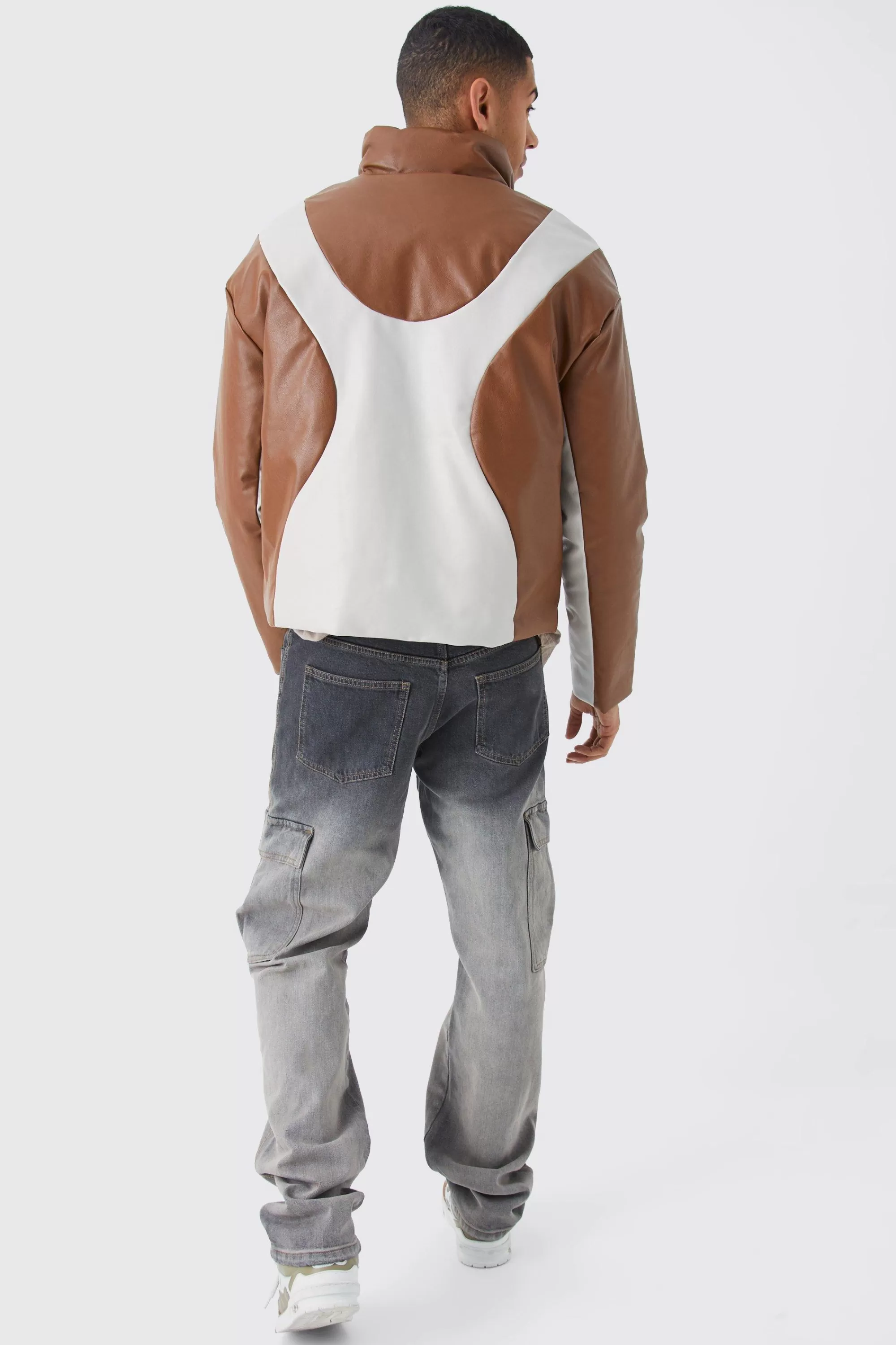 boohooMAN Boxy Pu Funnel Neck Panelled Bomber | UK
