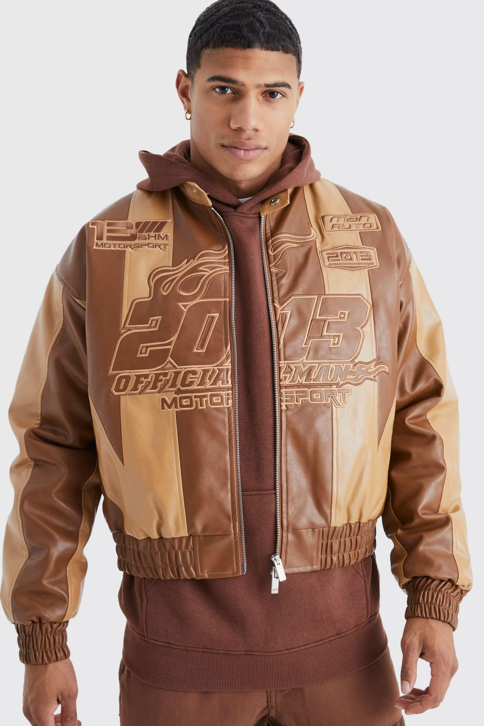 boohooMAN Boxy Pu Panelled Applique Moto Jacket | UK
