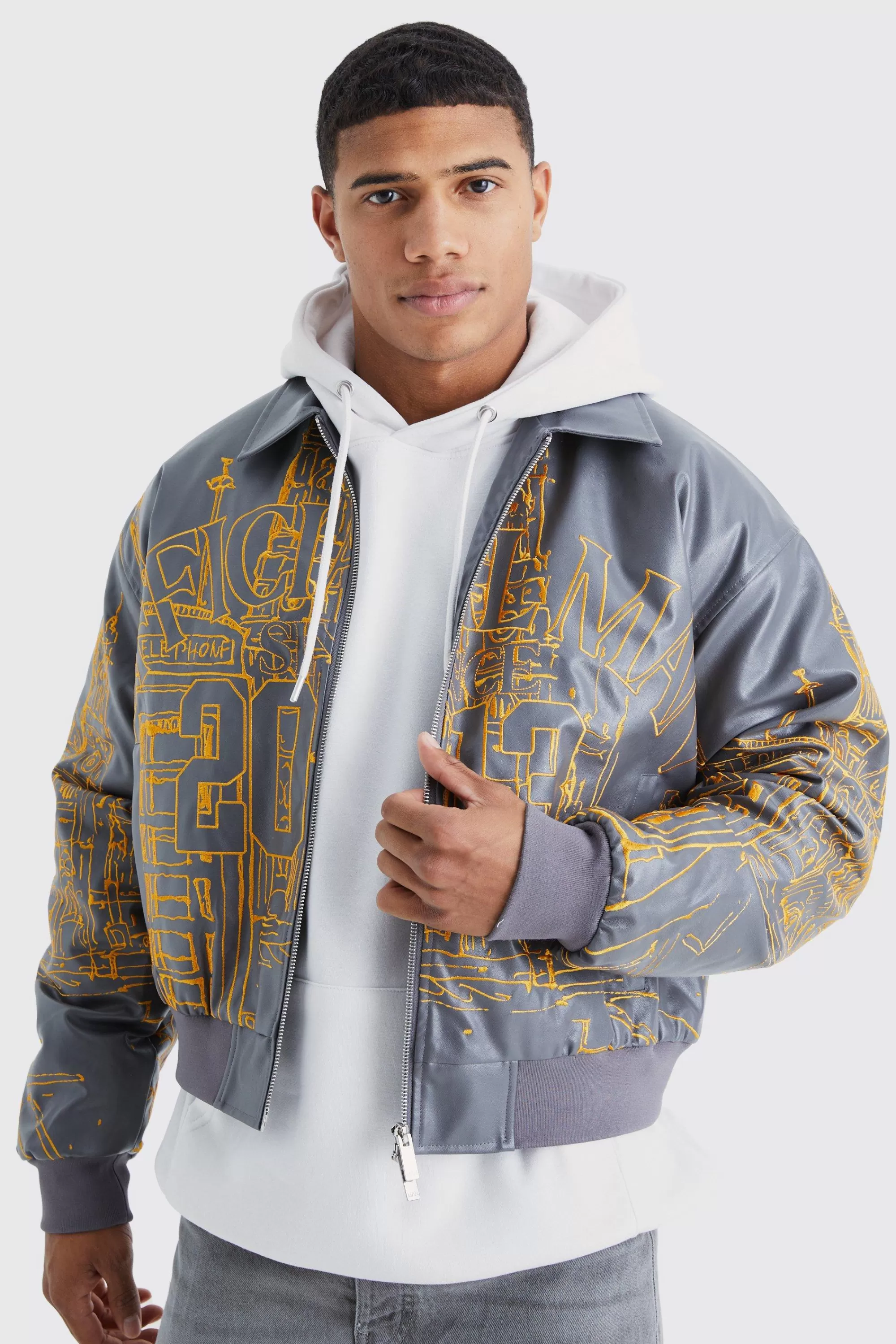 boohooMAN Boxy Pu Scenic Embroidery Bomber Jacket | UK