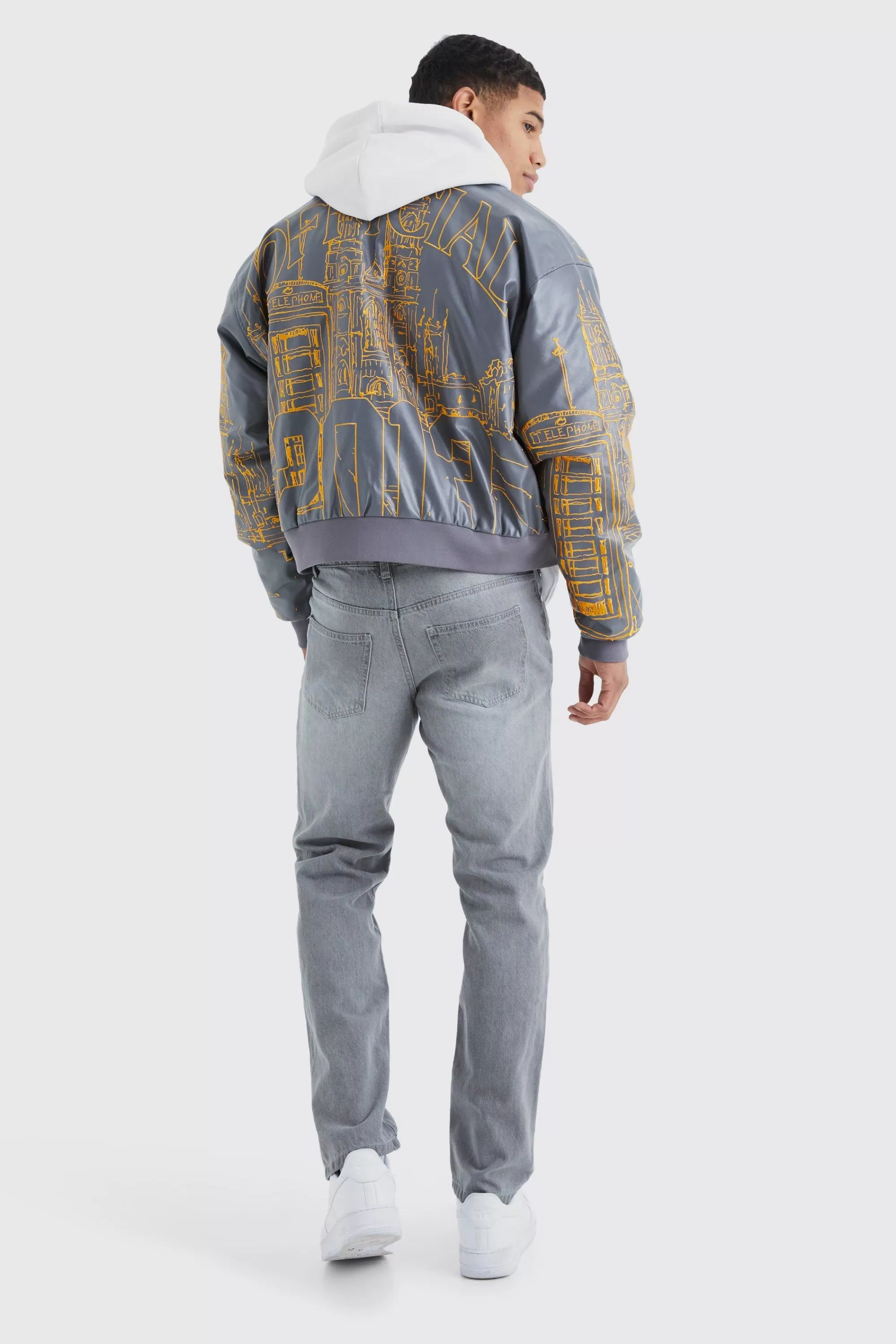 boohooMAN Boxy Pu Scenic Embroidery Bomber Jacket | UK