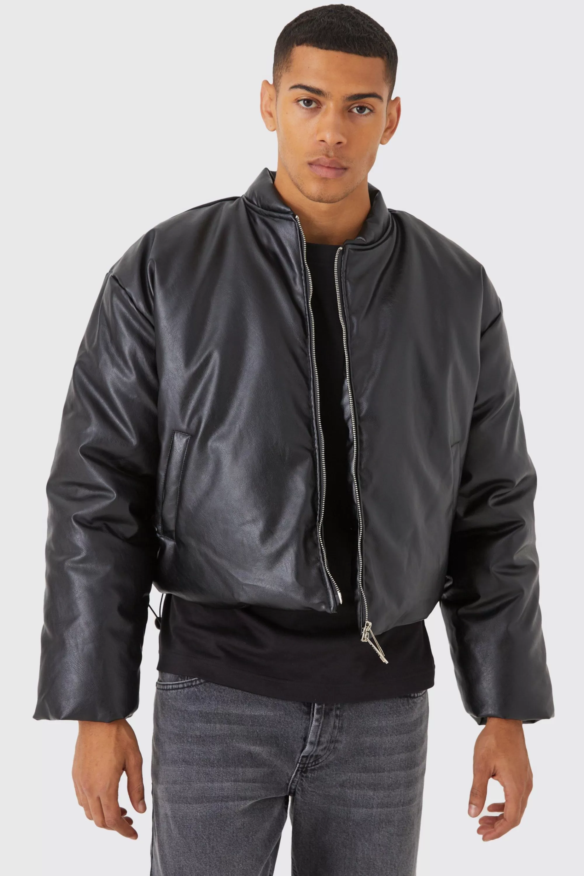 boohooMAN Boxy Pu Volume Padded Puffer Bomber | UK