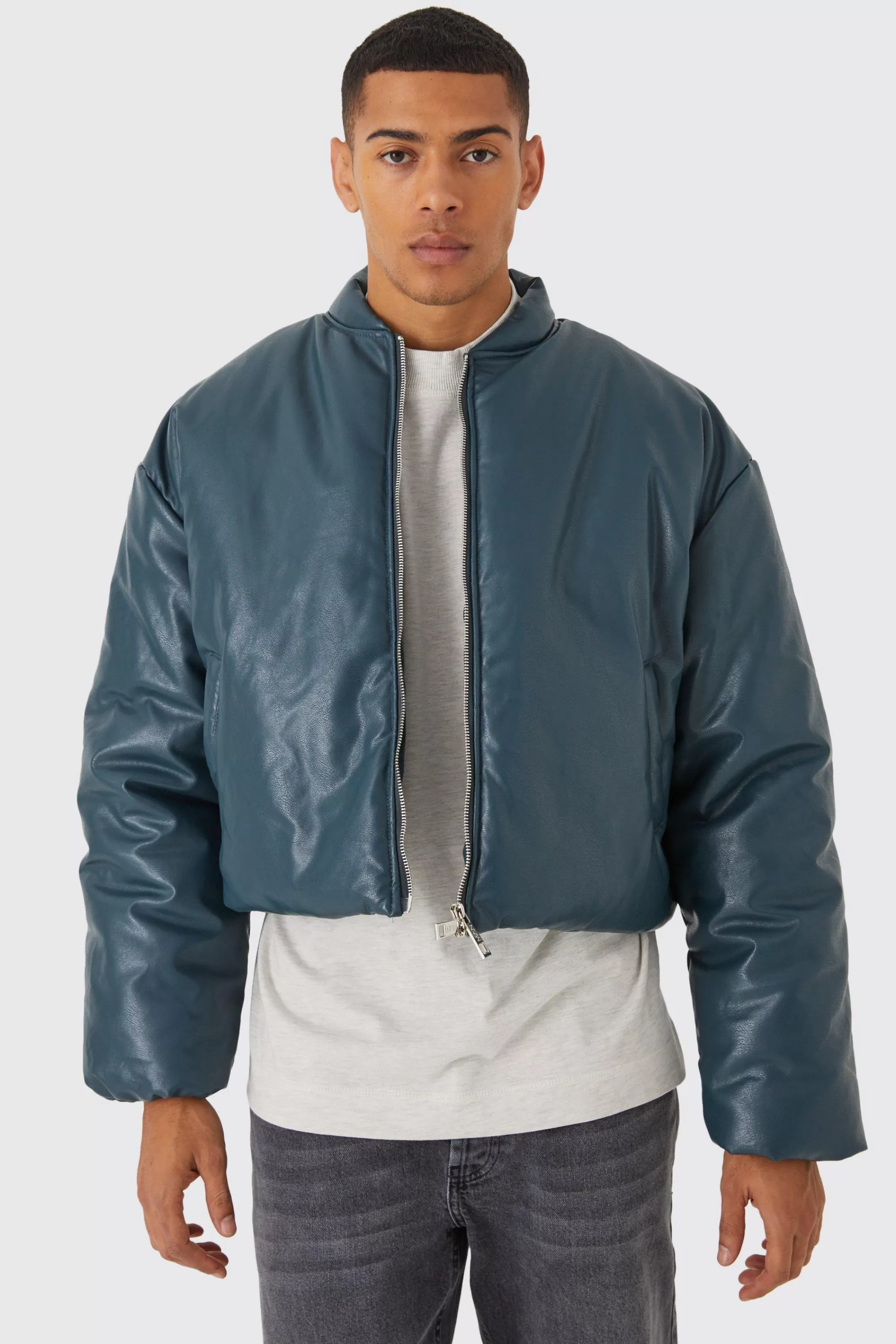 boohooMAN Boxy Pu Volume Padded Puffer Bomber | UK