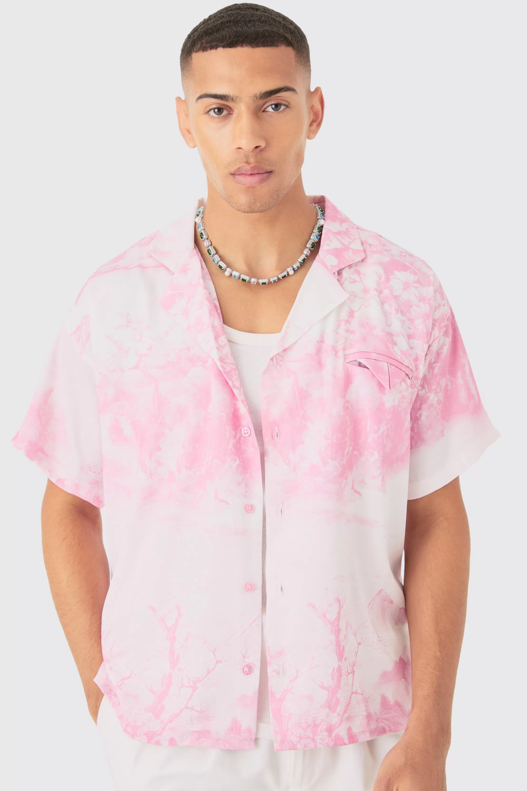 boohooMAN Boxy Revere Floral Short Sleeve Shirt | UK