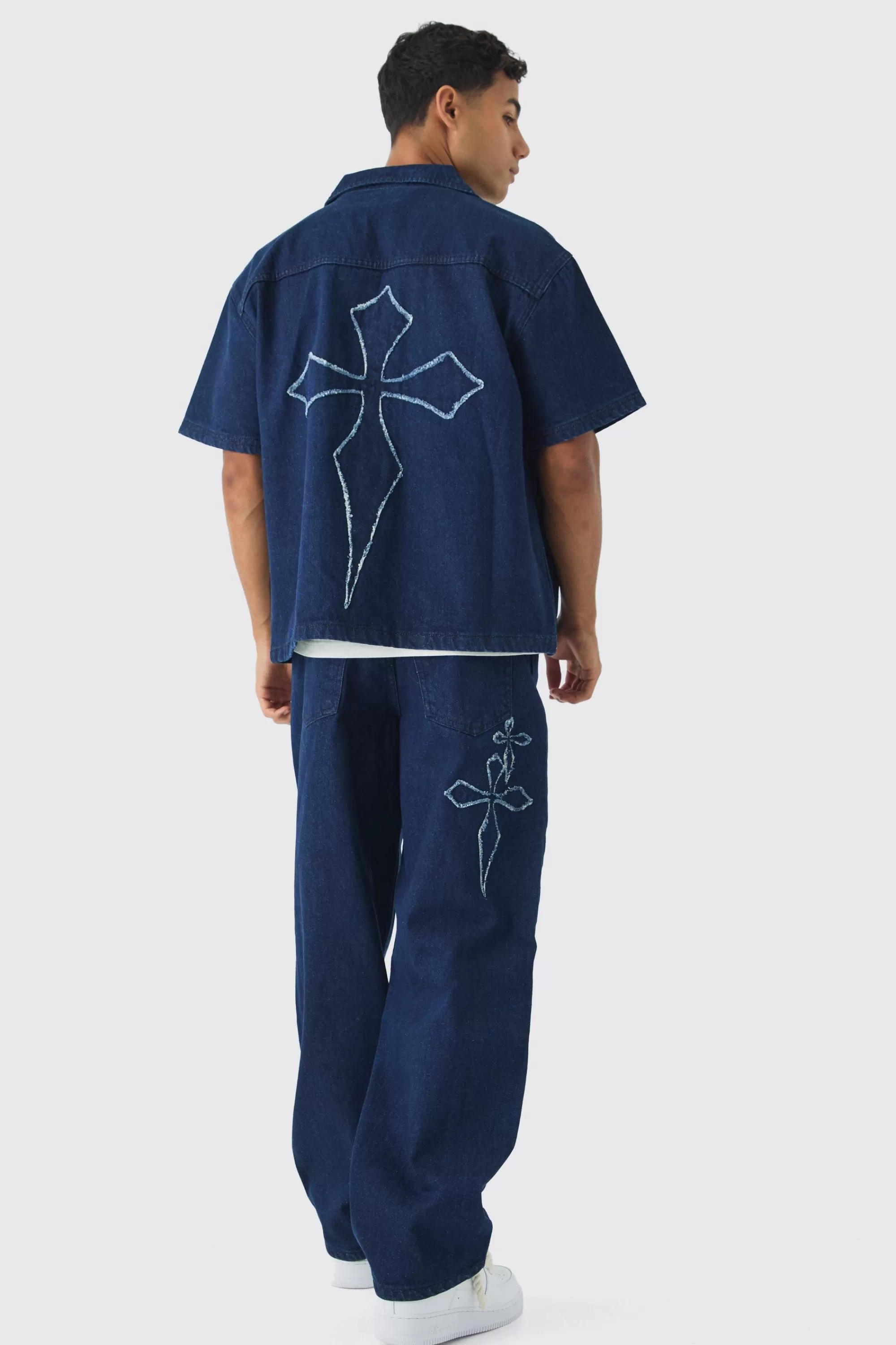 boohooMAN Boxy Revere Raw Edge Denim Cross Applique Shirt | UK