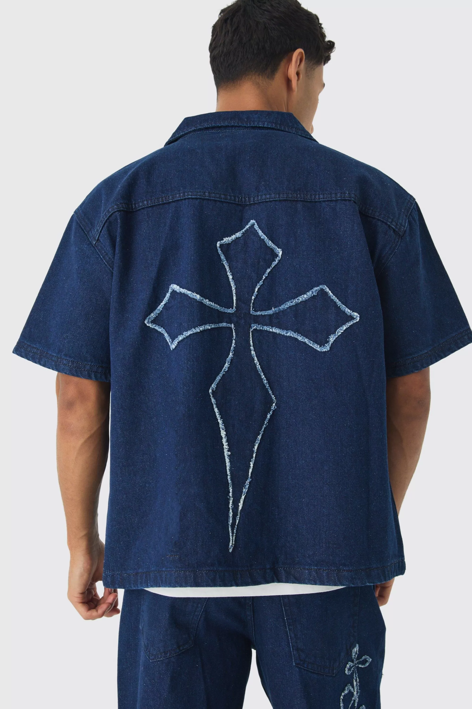 boohooMAN Boxy Revere Raw Edge Denim Cross Applique Shirt | UK