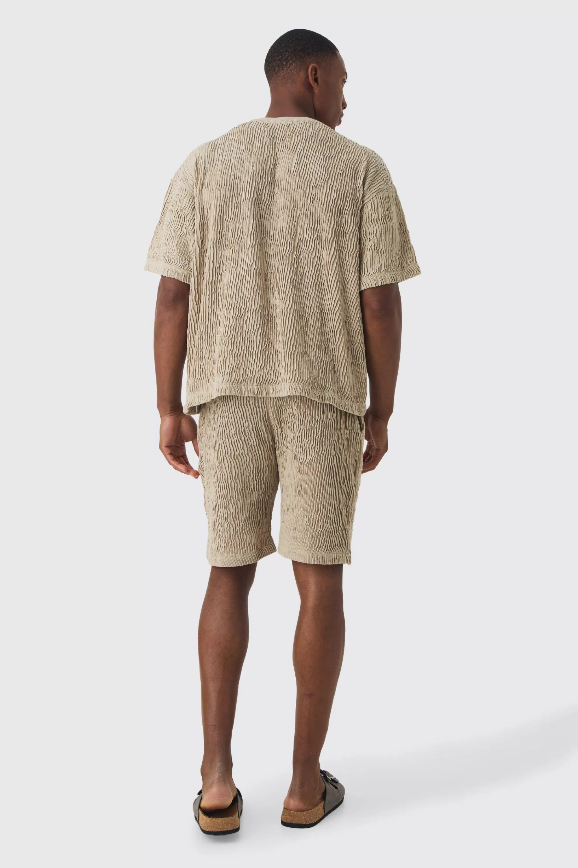 boohooMAN Boxy Ripple Pleated T-shirt & Short Set | UK