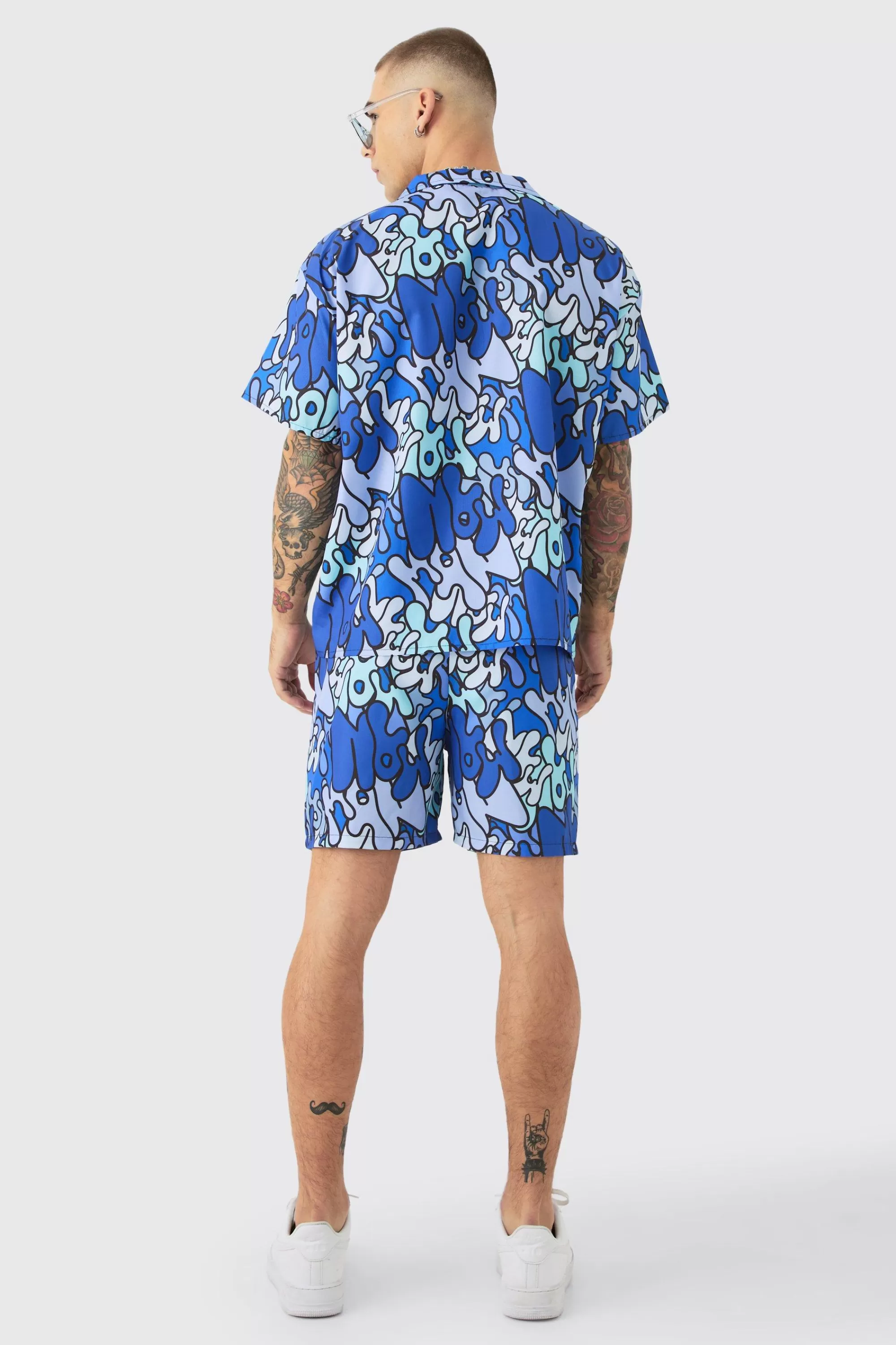 boohooMAN Boxy Ripstop Graffiti Shirt & Mid Swim Short Set | UK