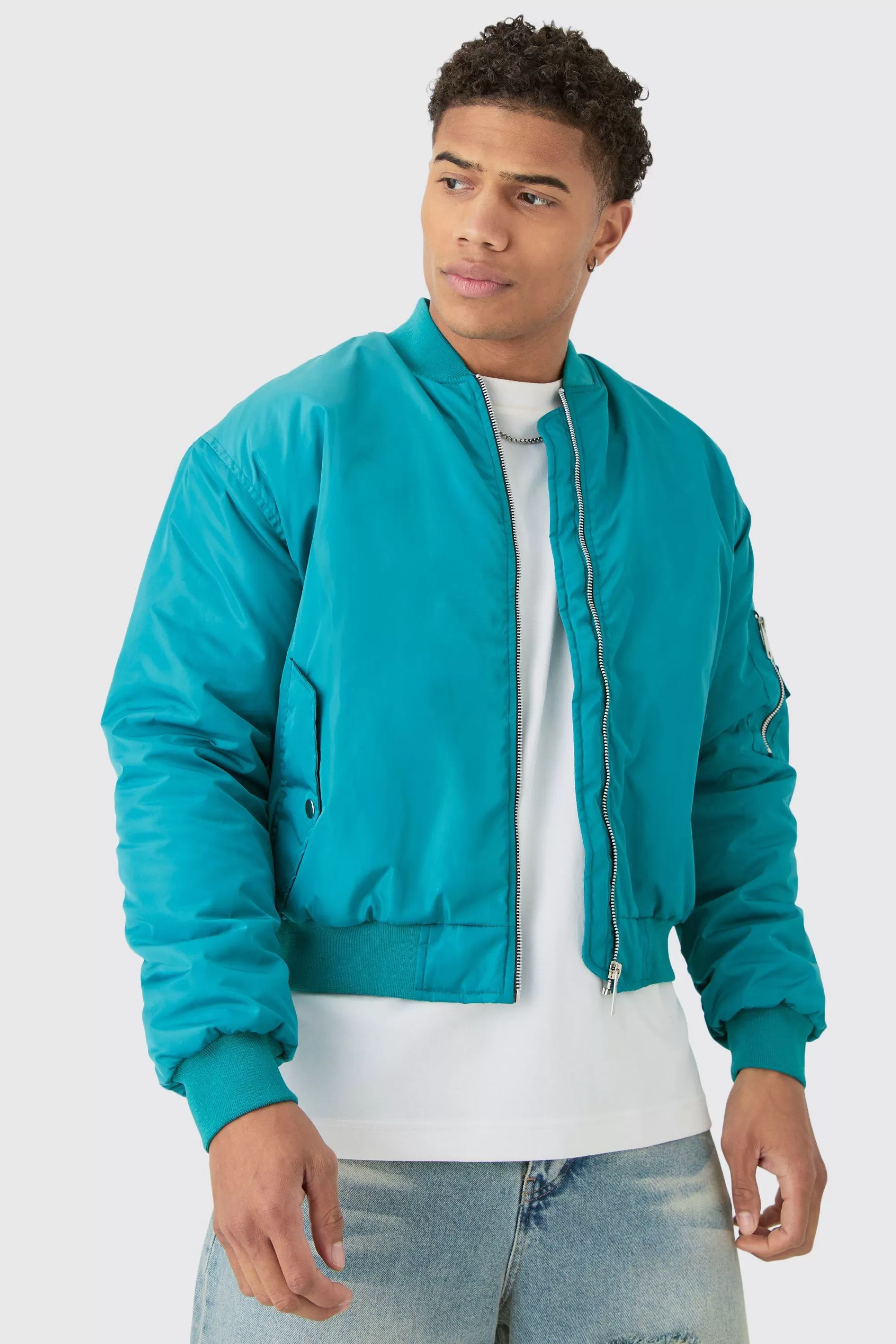 boohooMAN Boxy Ruched Sleeve Ma1 Bomber Jacket In | UK