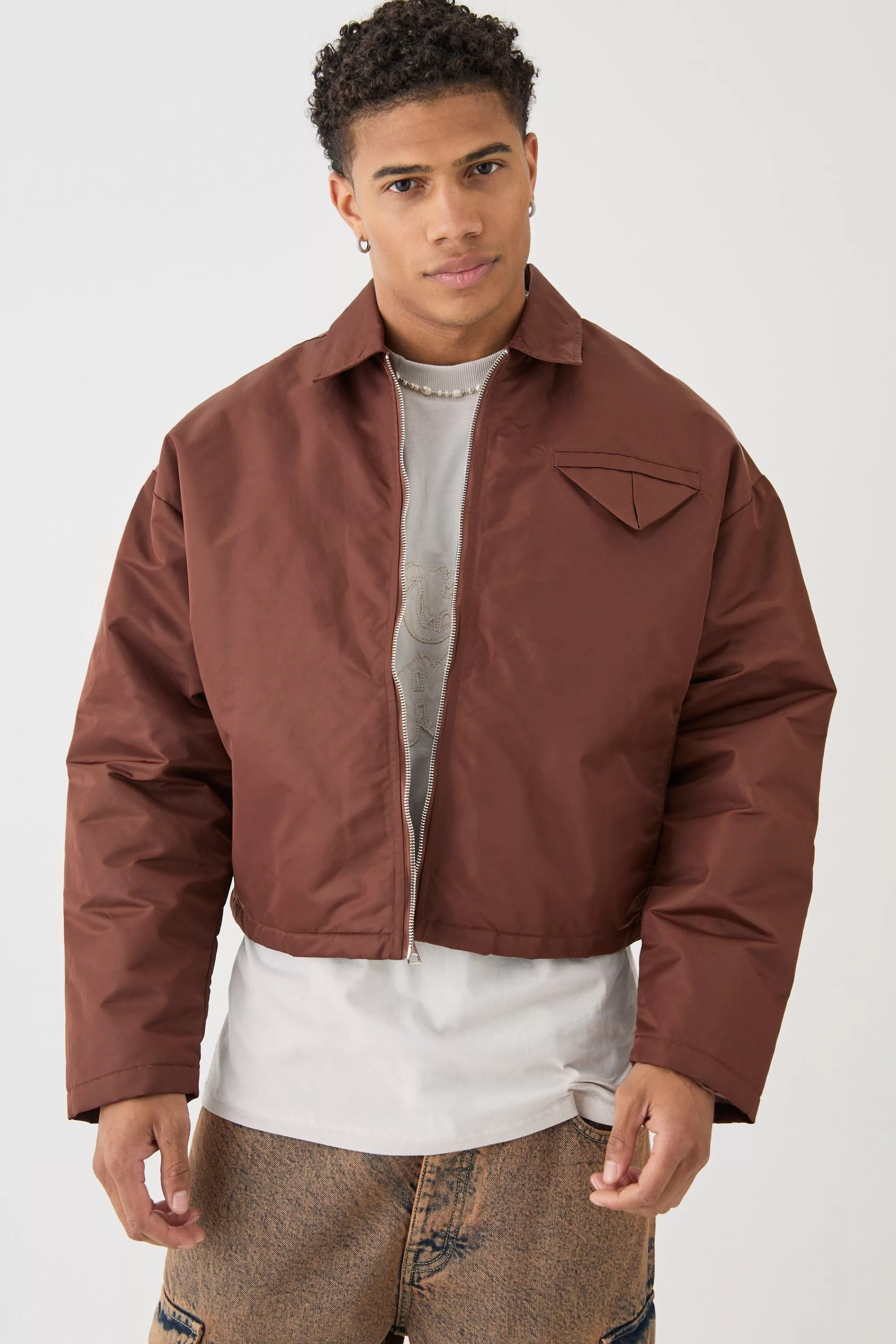 boohooMAN Boxy Satin Collared Bomber | UK