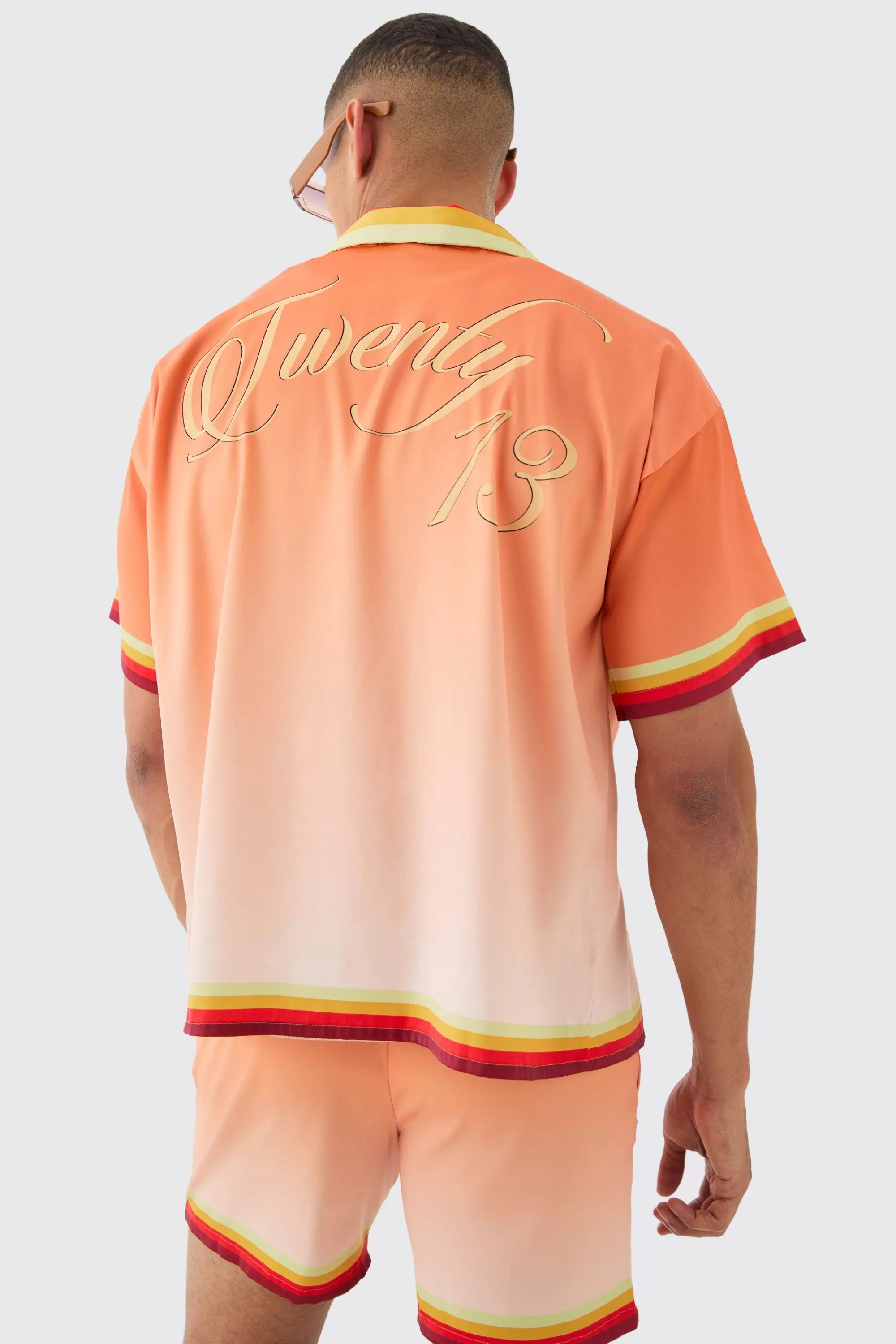 boohooMAN Boxy Satin Ombre Short Sleeve Shirt & Short Set | UK