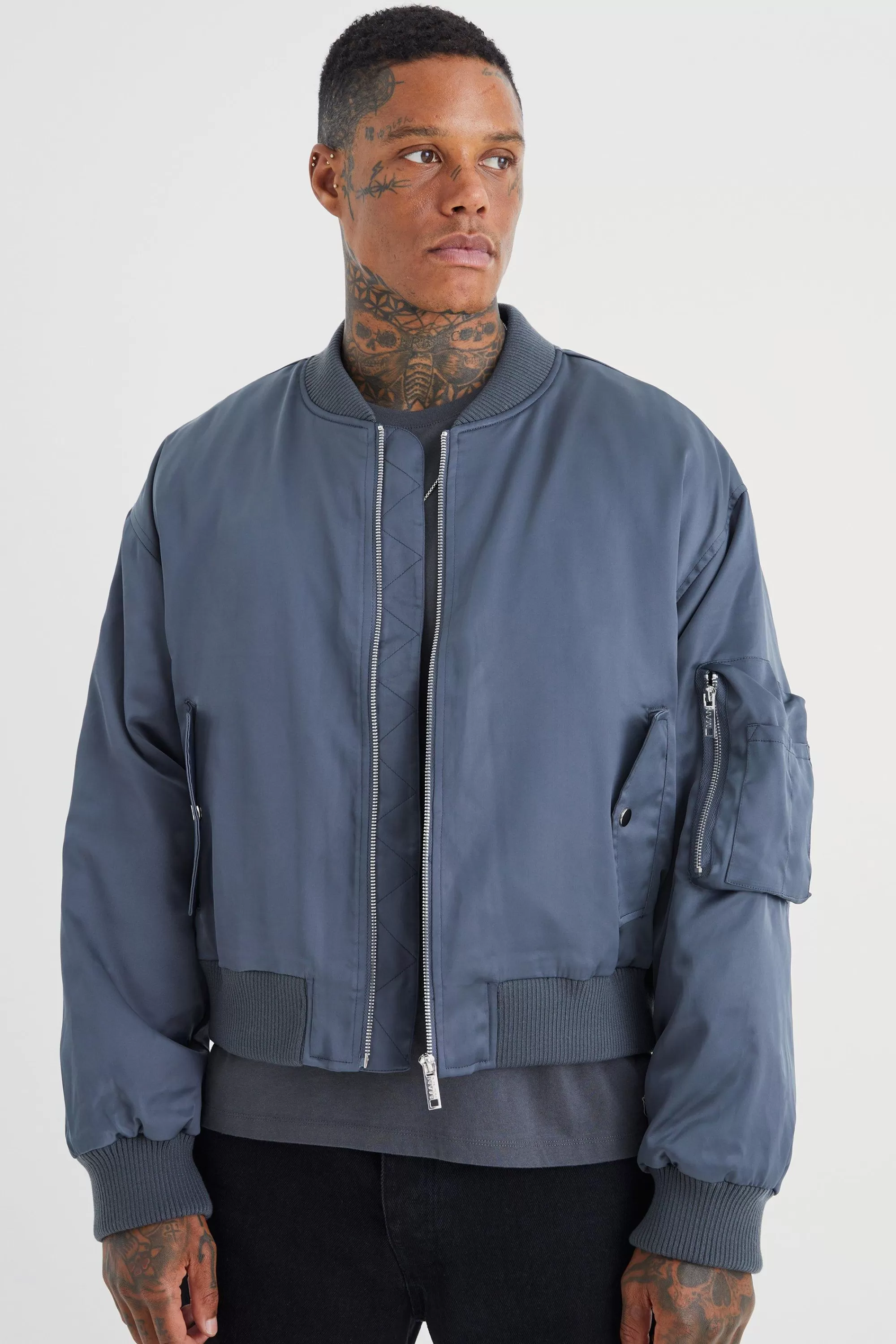 boohooMAN Boxy Satin Padded Ma1 Bomber Jacket | UK