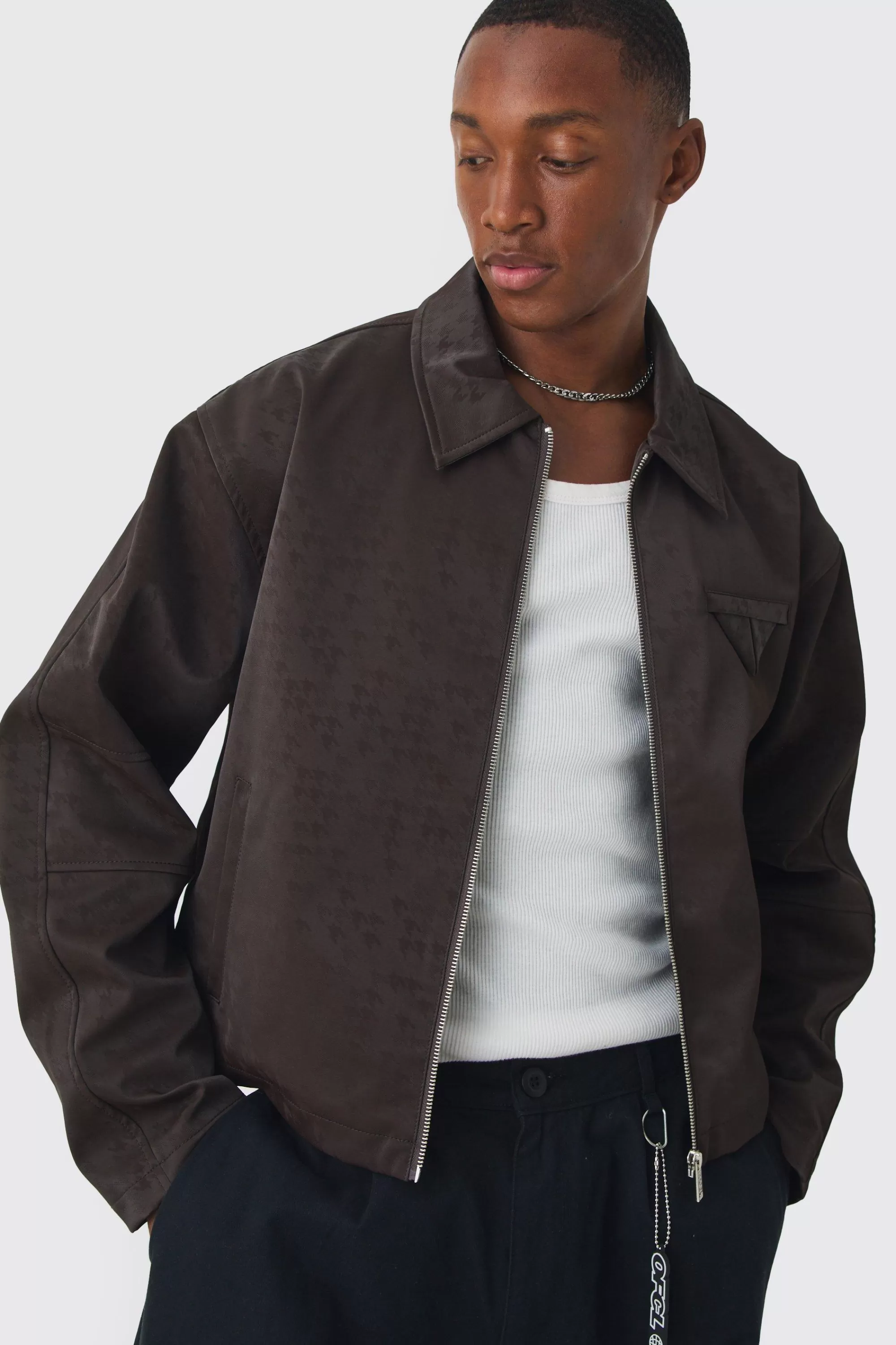 boohooMAN Boxy Satin PU Dogtooth Harrington Jacket In | UK