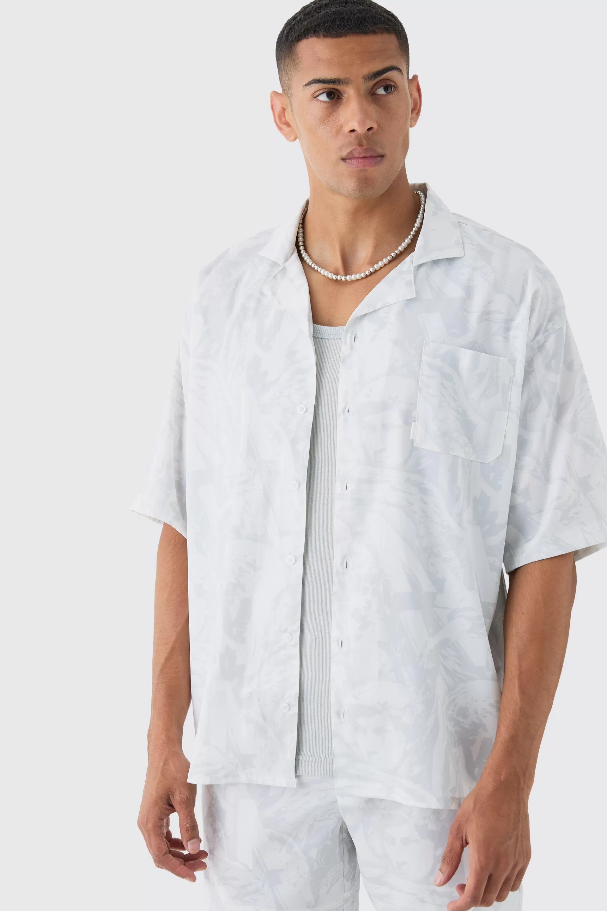 boohooMAN Boxy Satin Revere Collar Print Shirt And Short Set In | UK
