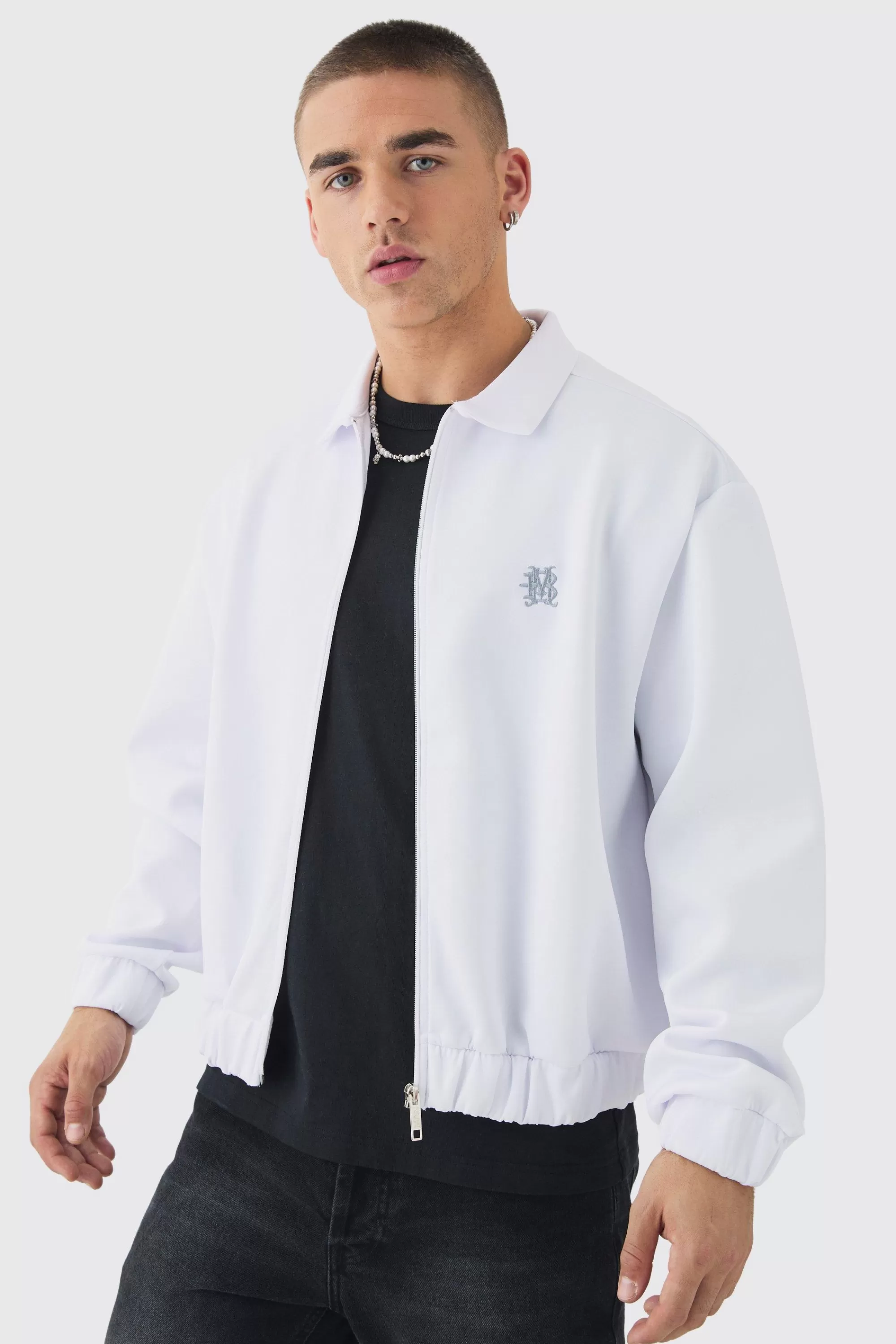 boohooMAN Boxy Scuba Zip Through Embroidered Jacket | UK