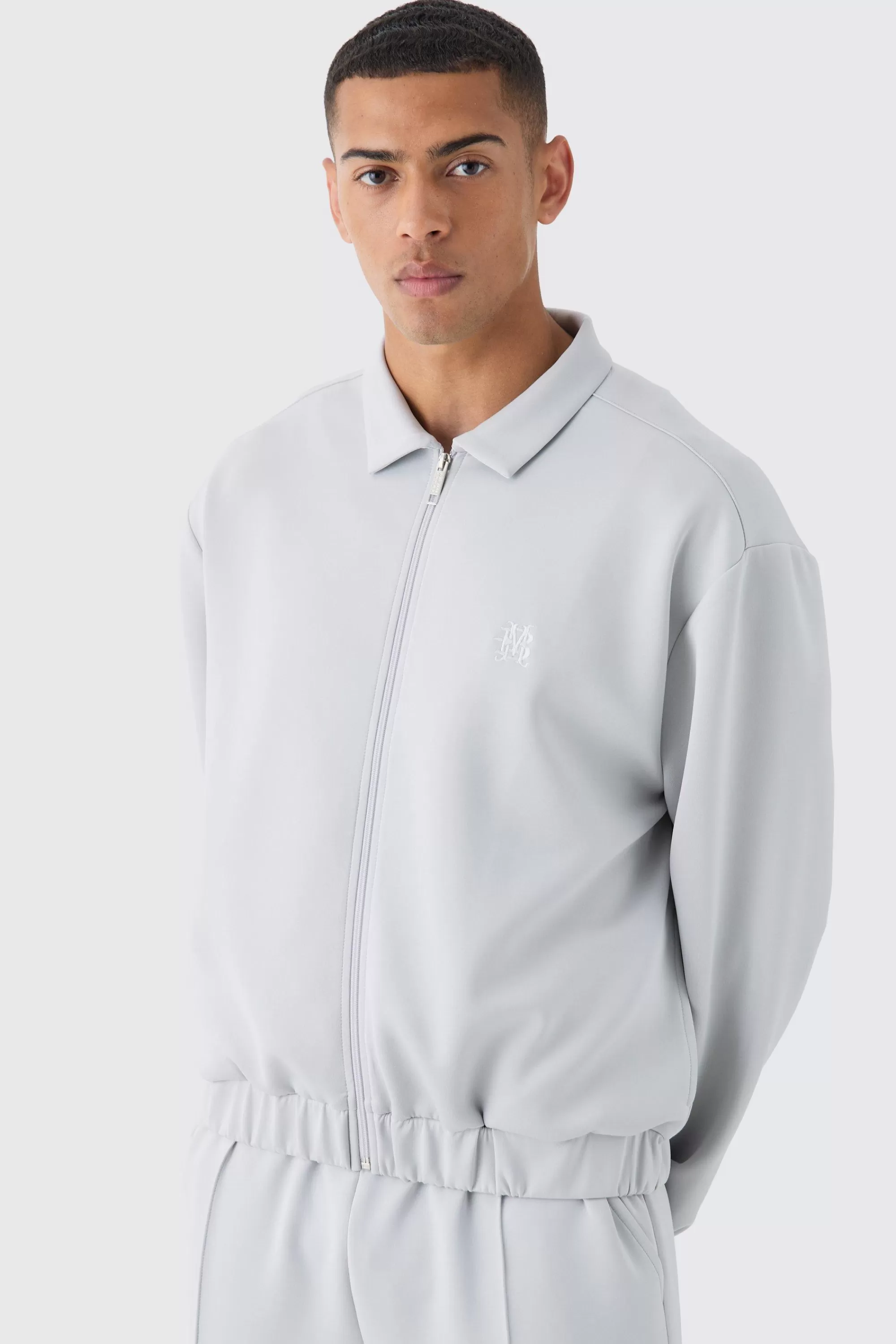 boohooMAN Boxy Scuba Zip Through Embroidered Jacket | UK